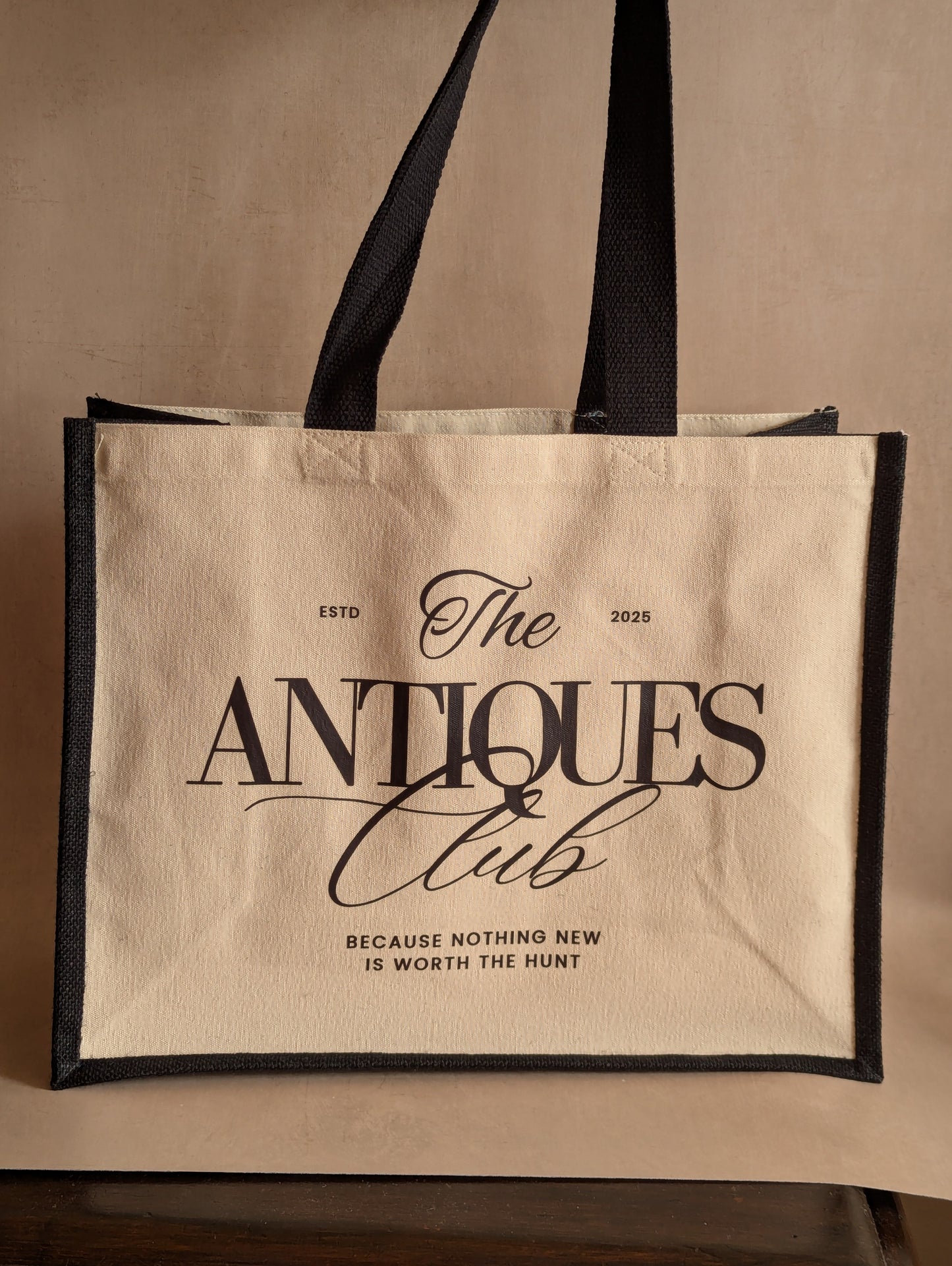 Antiques Club jute canvas cotton tote bag because nothing new is worth the hunt