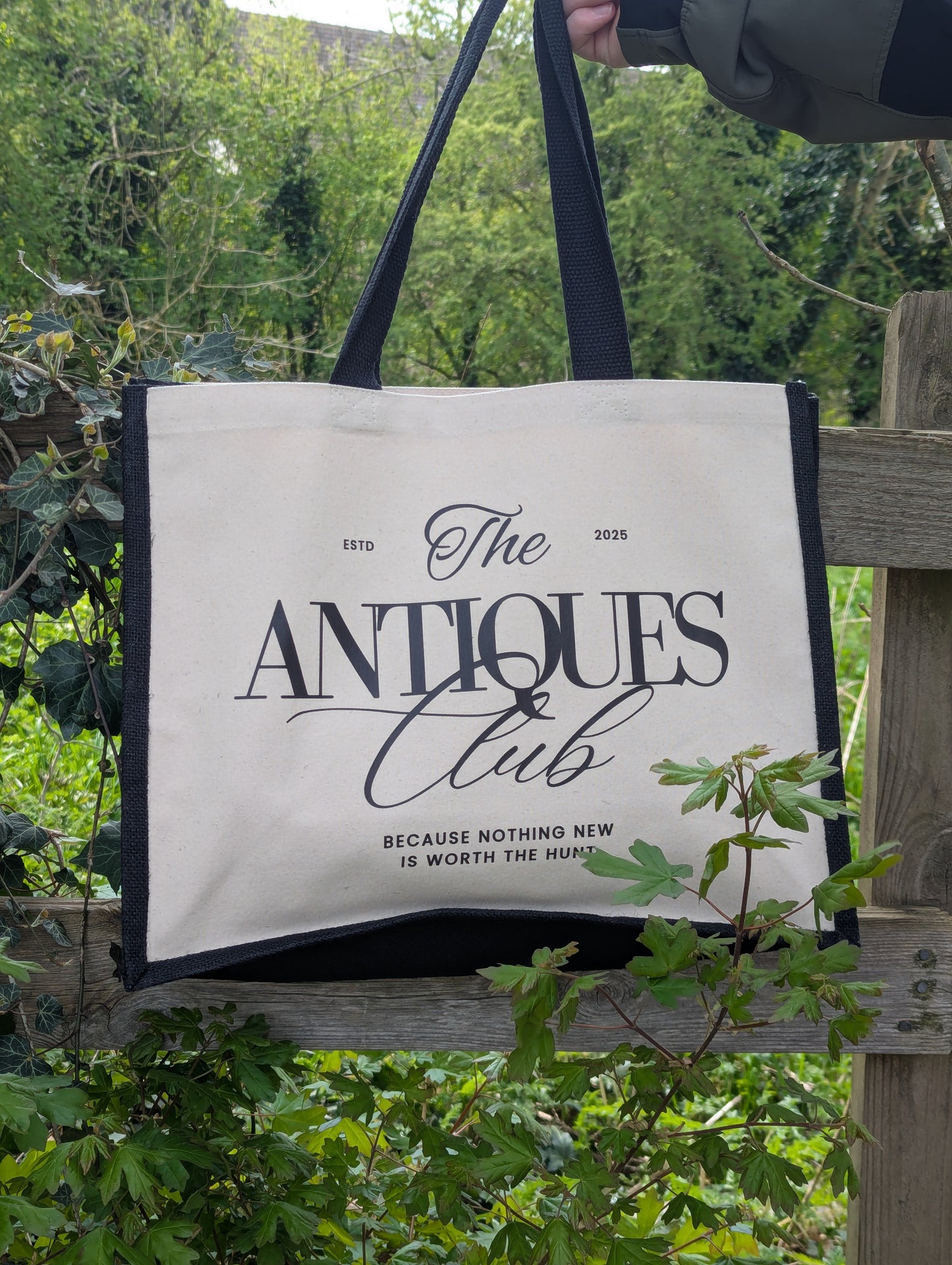 The Antiques Club Jute & Canvas Tote Bag because nothing new is worth the hunt