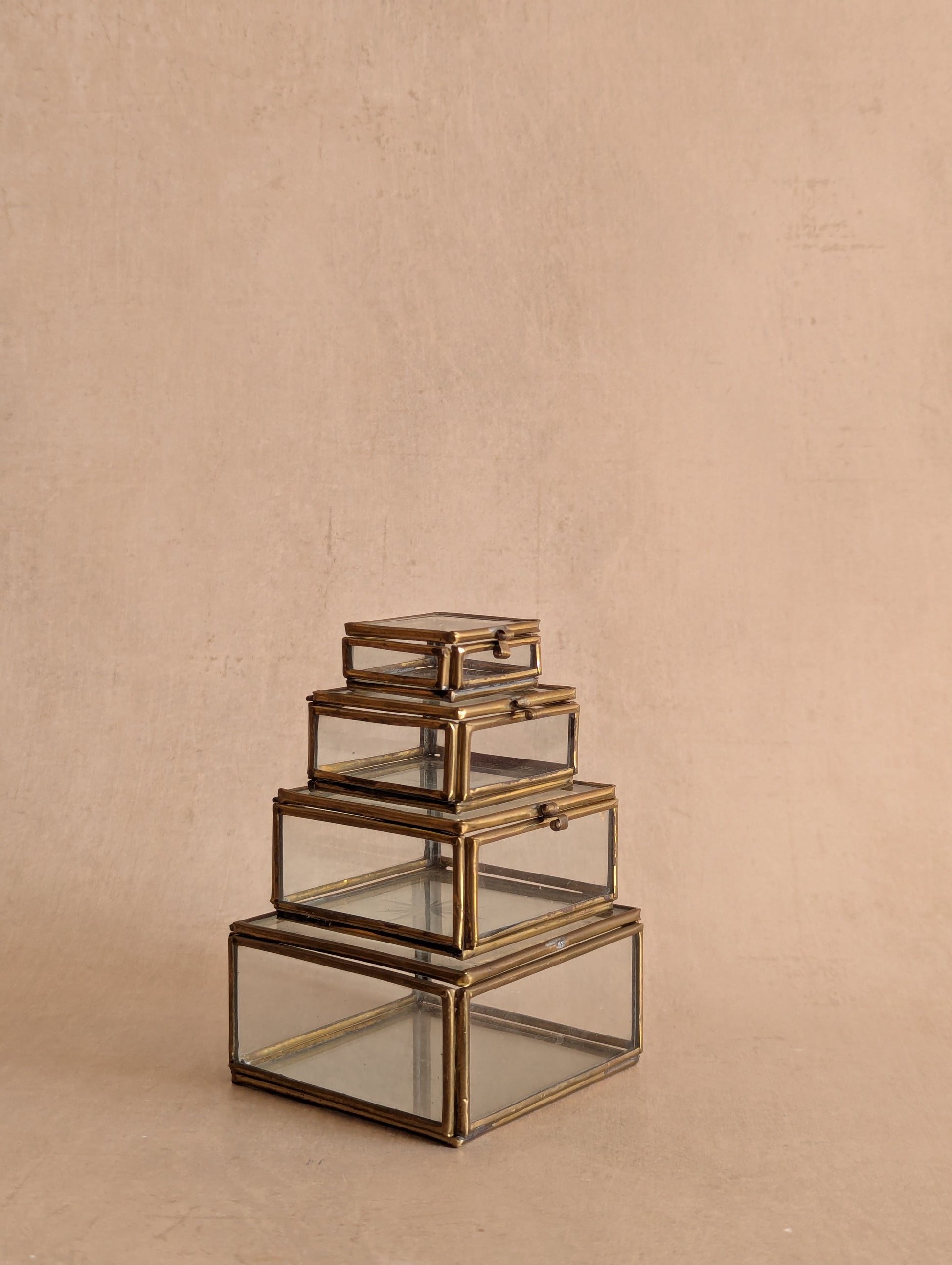 Vintage Glass & Brass Nesting Trinket Boxes, Set of Four