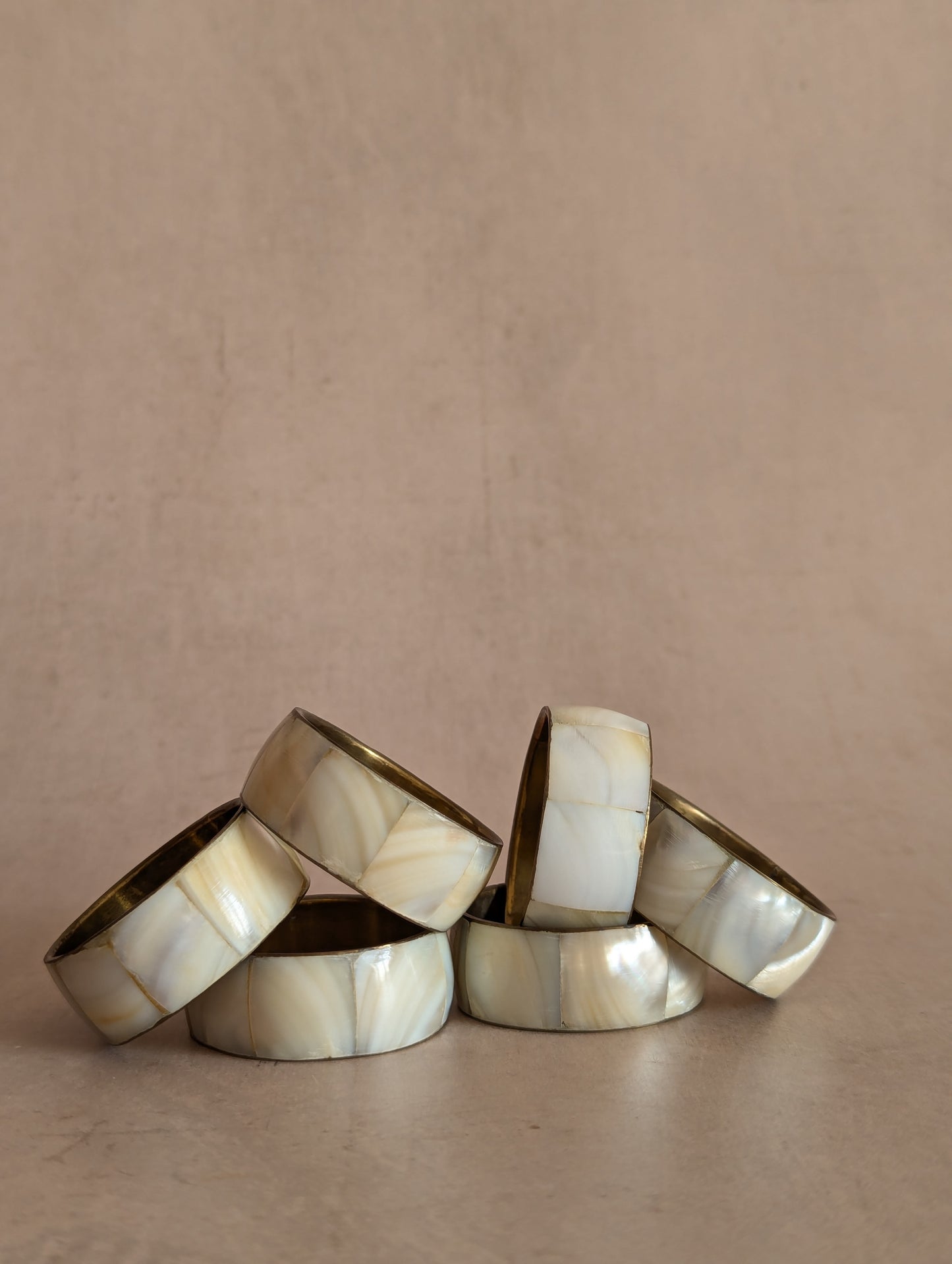 Vintage Solid Brass Mother Of Pearl Napkin Rings, Set of 6
