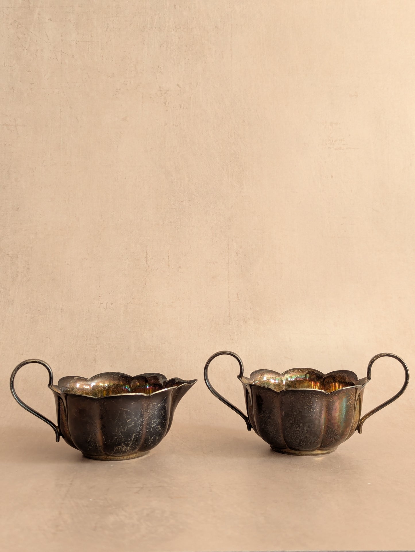 Dark Tarnished Silver Plated Scallop Sugar & Creamer Set