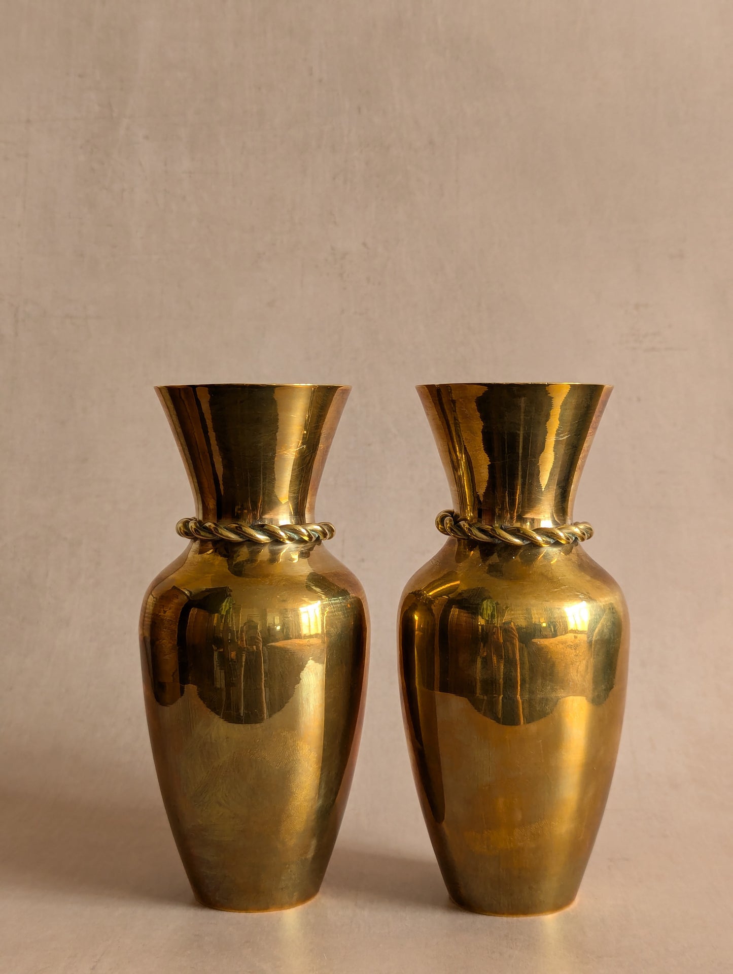 Twin Solid Brass Urn Vases with Rope Tassels