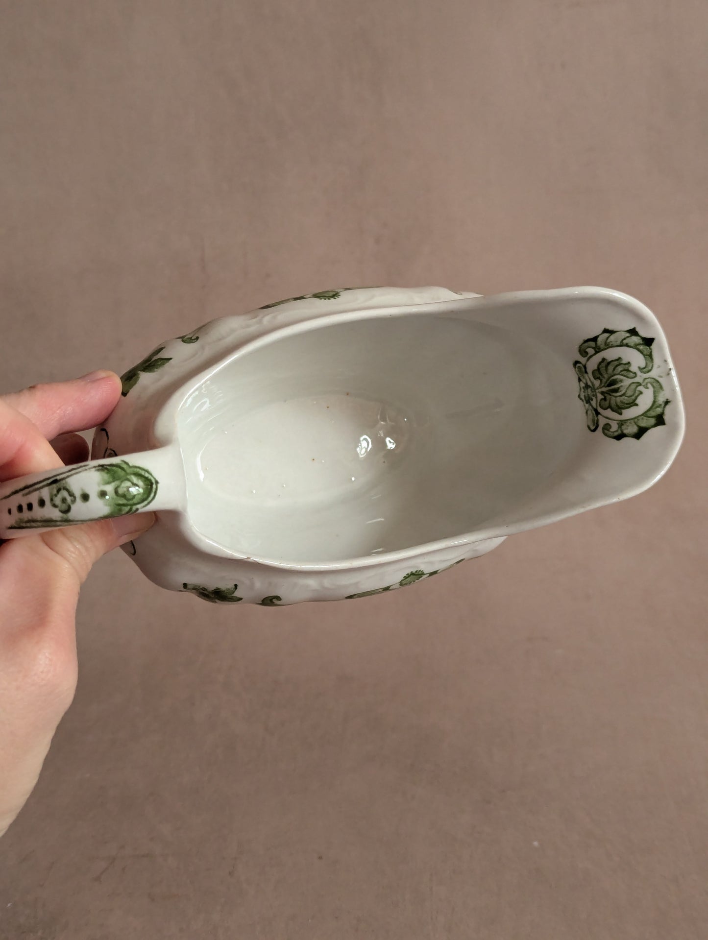 Green & White Victorian Transferware Gravy Boat