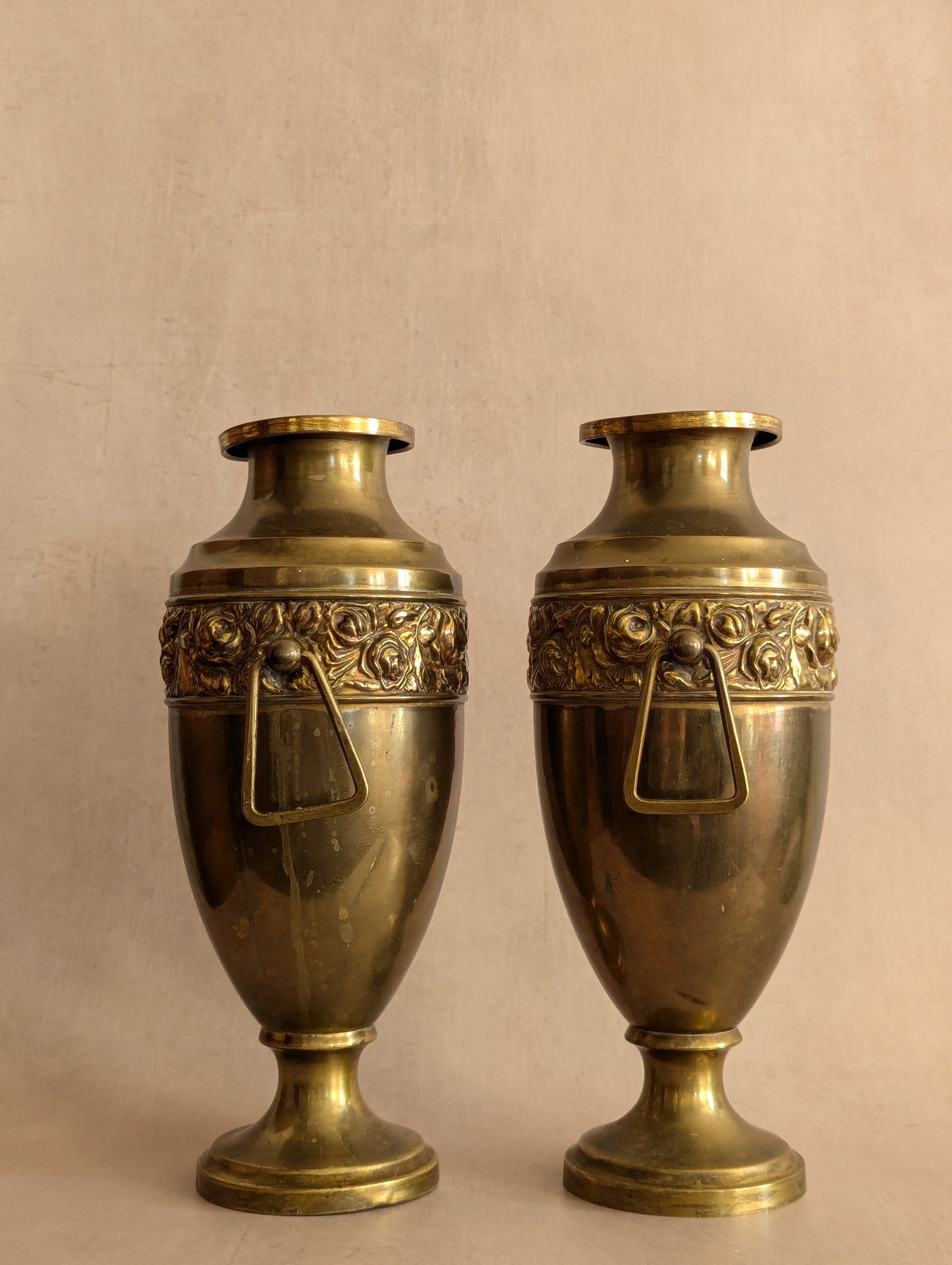 Art Deco Solid Brass Floral Urn Vases - Set of Two