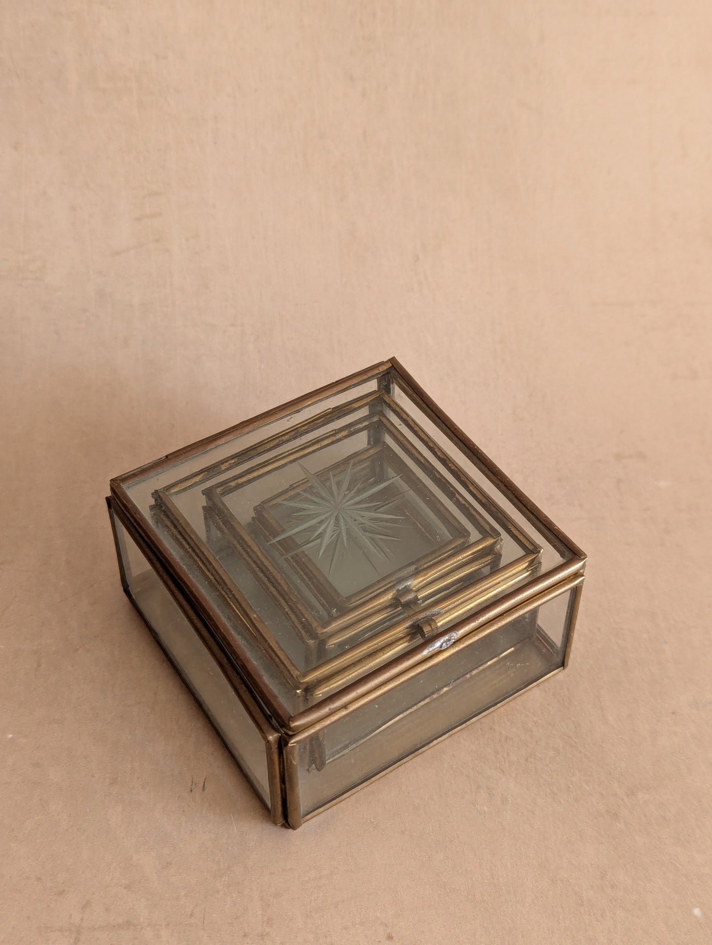 Glass & Brass Nesting Trinket Boxes, Set of Four