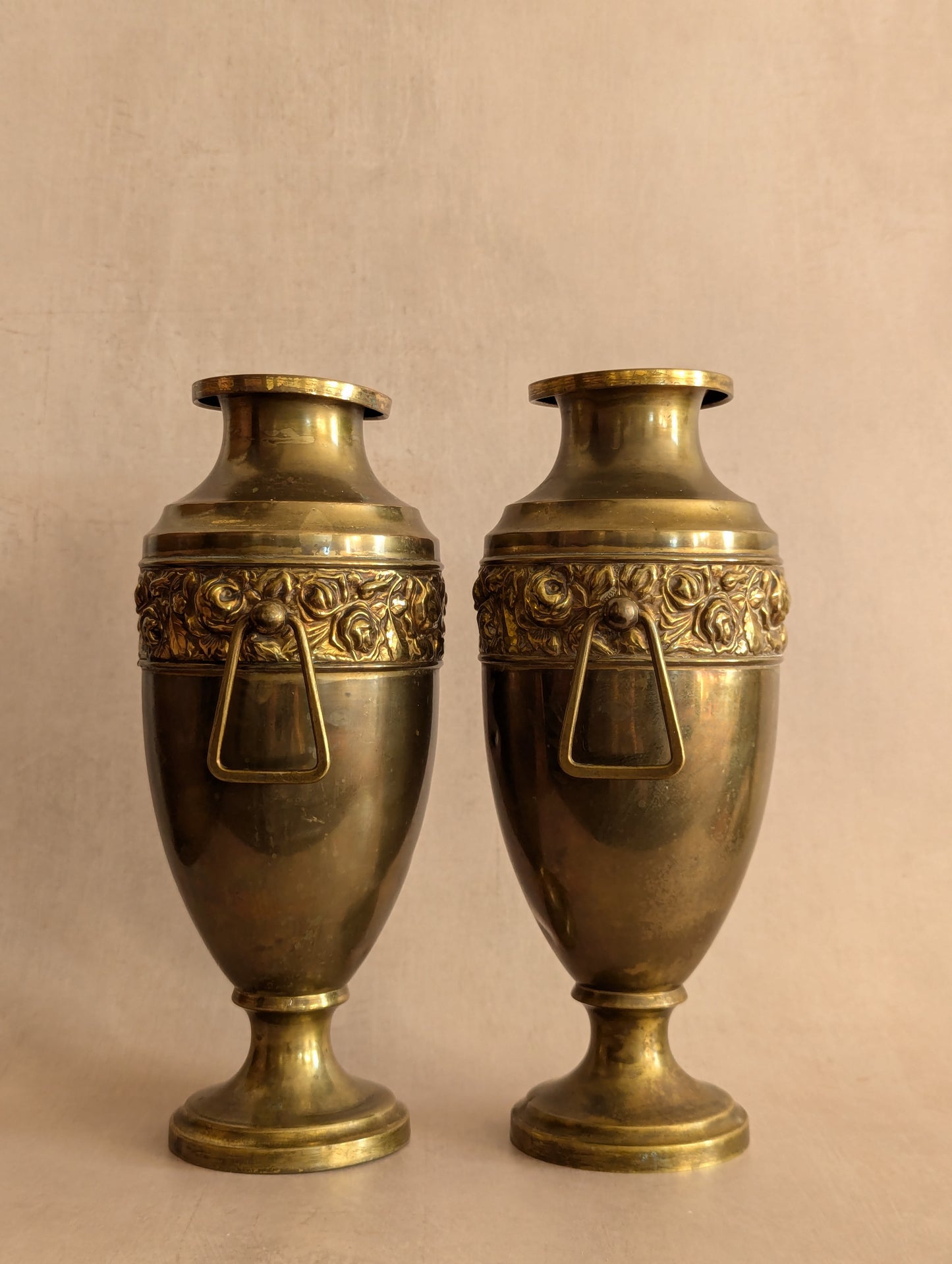 Art Deco Solid Brass Floral Urn Vases - Set of Two