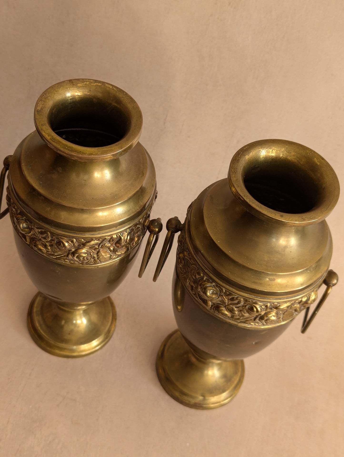Art Deco Solid Brass Floral Urn Vases - Set of Two