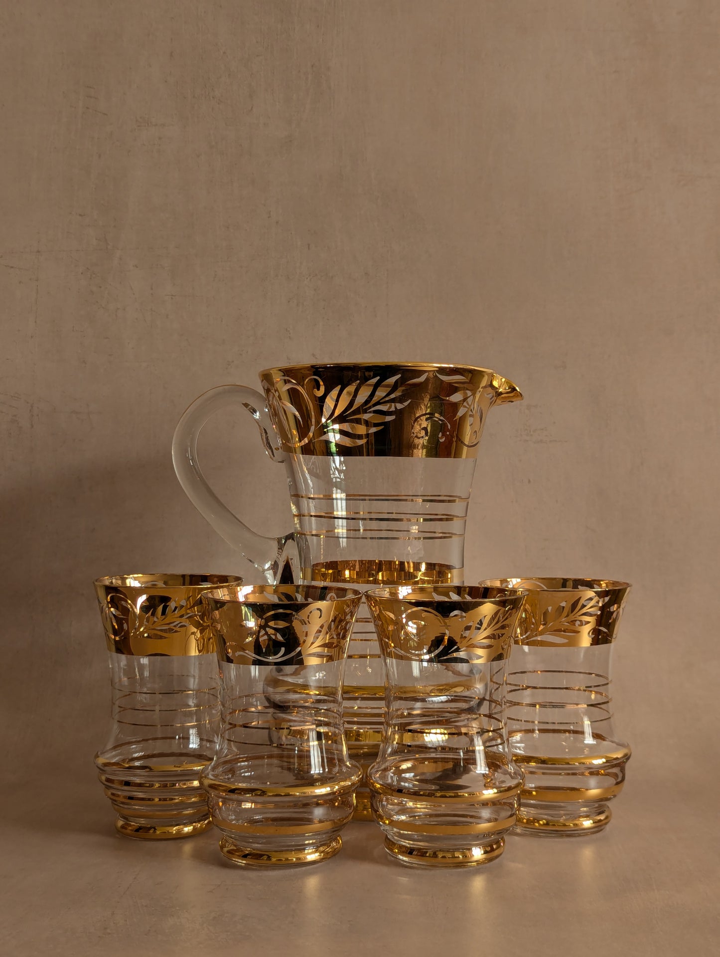 Golden Gilt Mid-Century Jug & Glasses, Set of 5