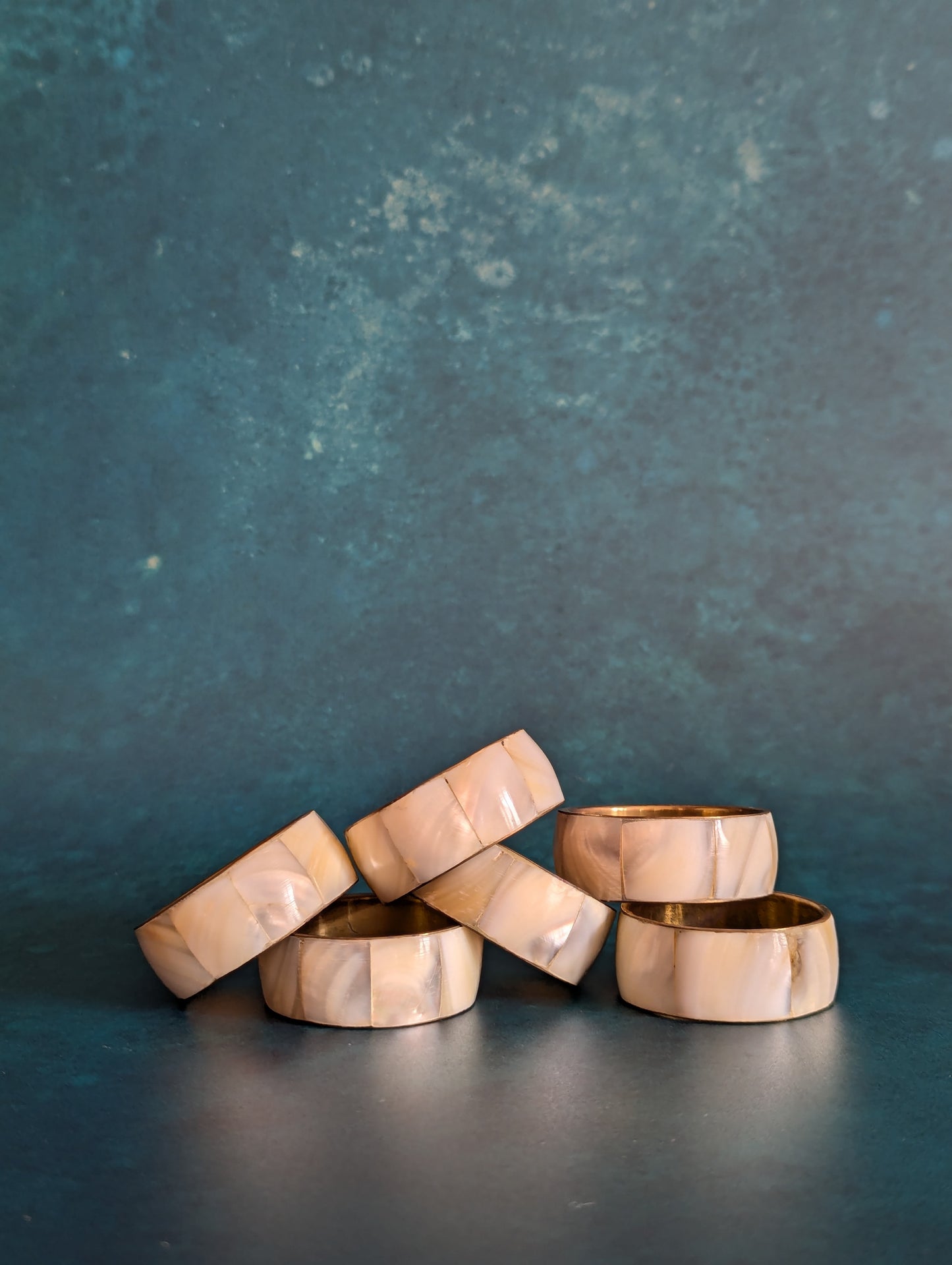 Solid Brass Mother Of Pearl Napkin Rings, Set of 6