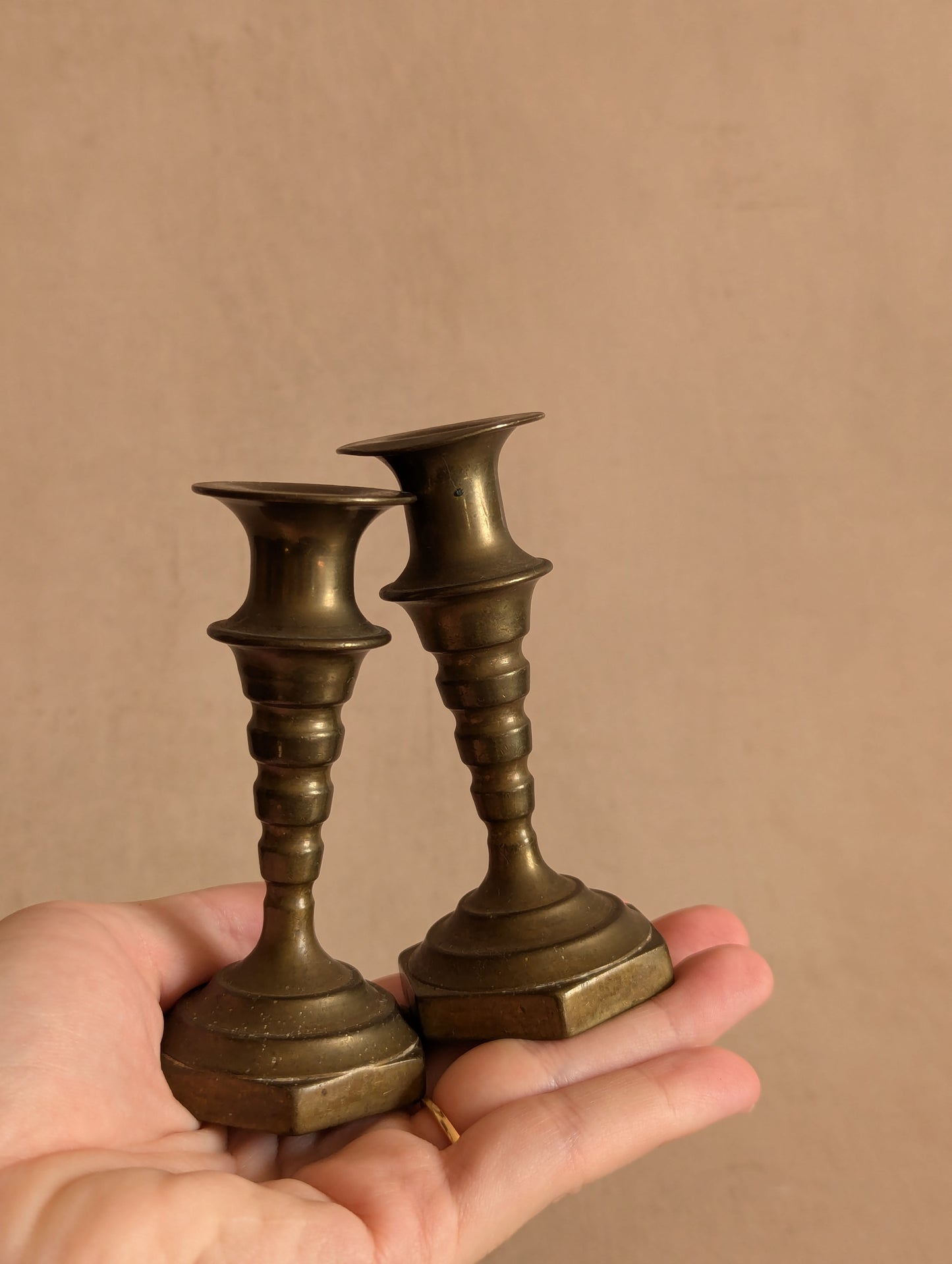 Bobbin Style Solid Brass Miniature Candlestick Holders, Set of Two