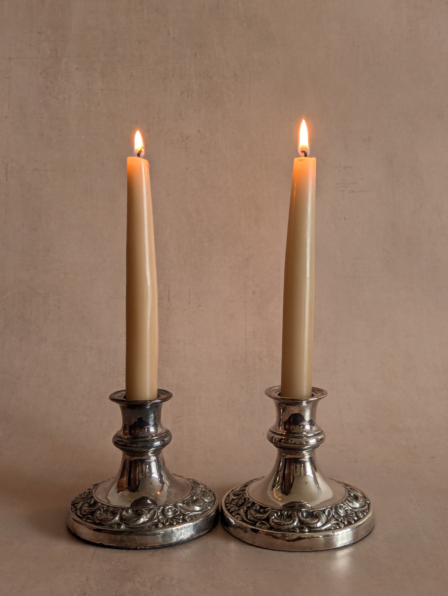 Silver Plated Round Ornate Candlestick Holders - Set of Two