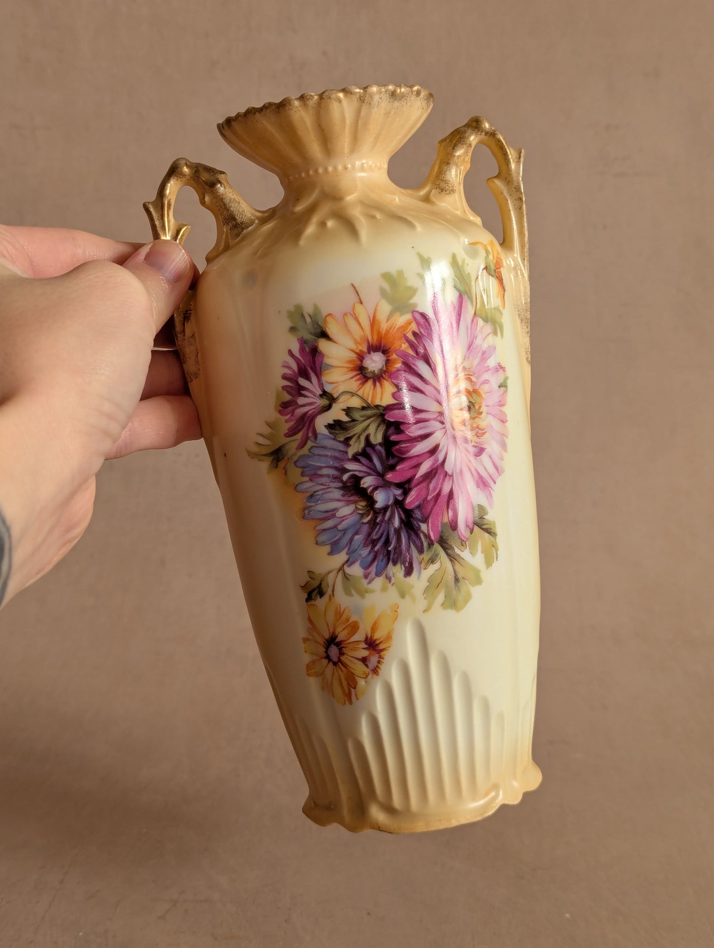 Floral Gold-Flecked Twin Handled Vase