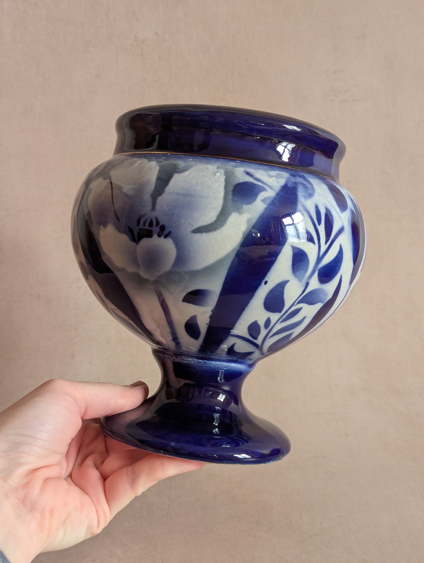 Antique Blue & White Floral Pedestal Vase