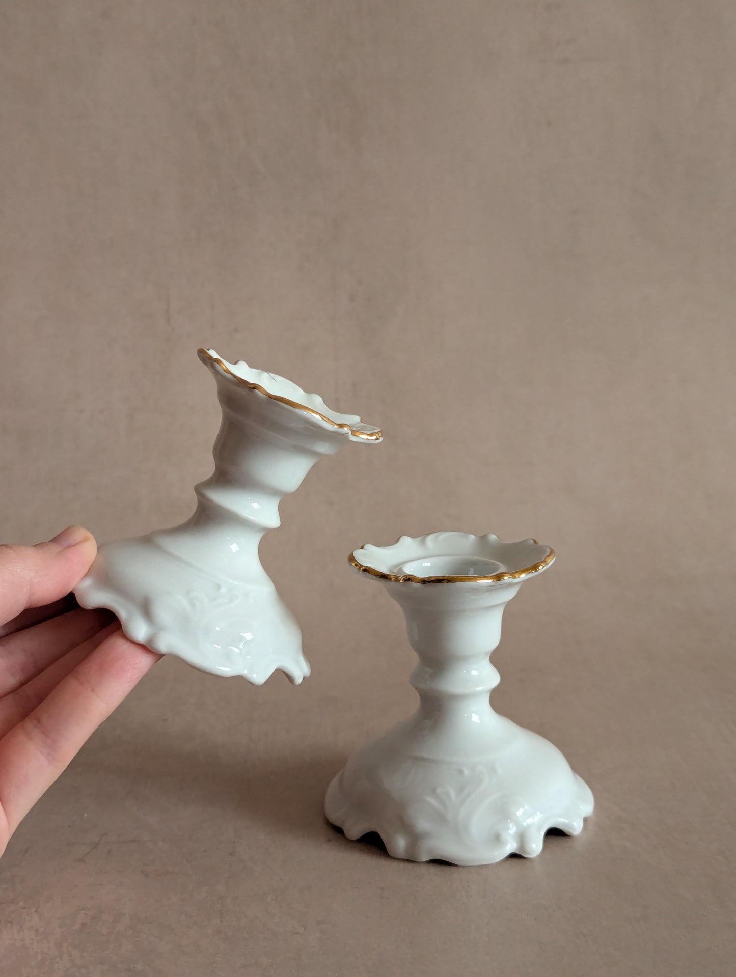 Elegant Small White & Gold Porcelain Candlestick Holders, Set of Two