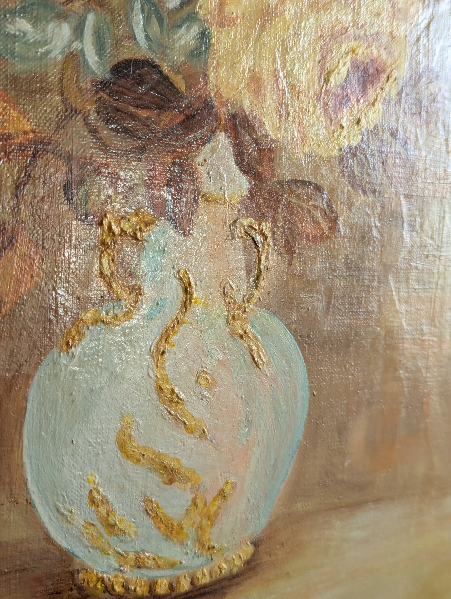 Framed Yellow Floral Painting, Oil On Board, Nora Cunningham 1988