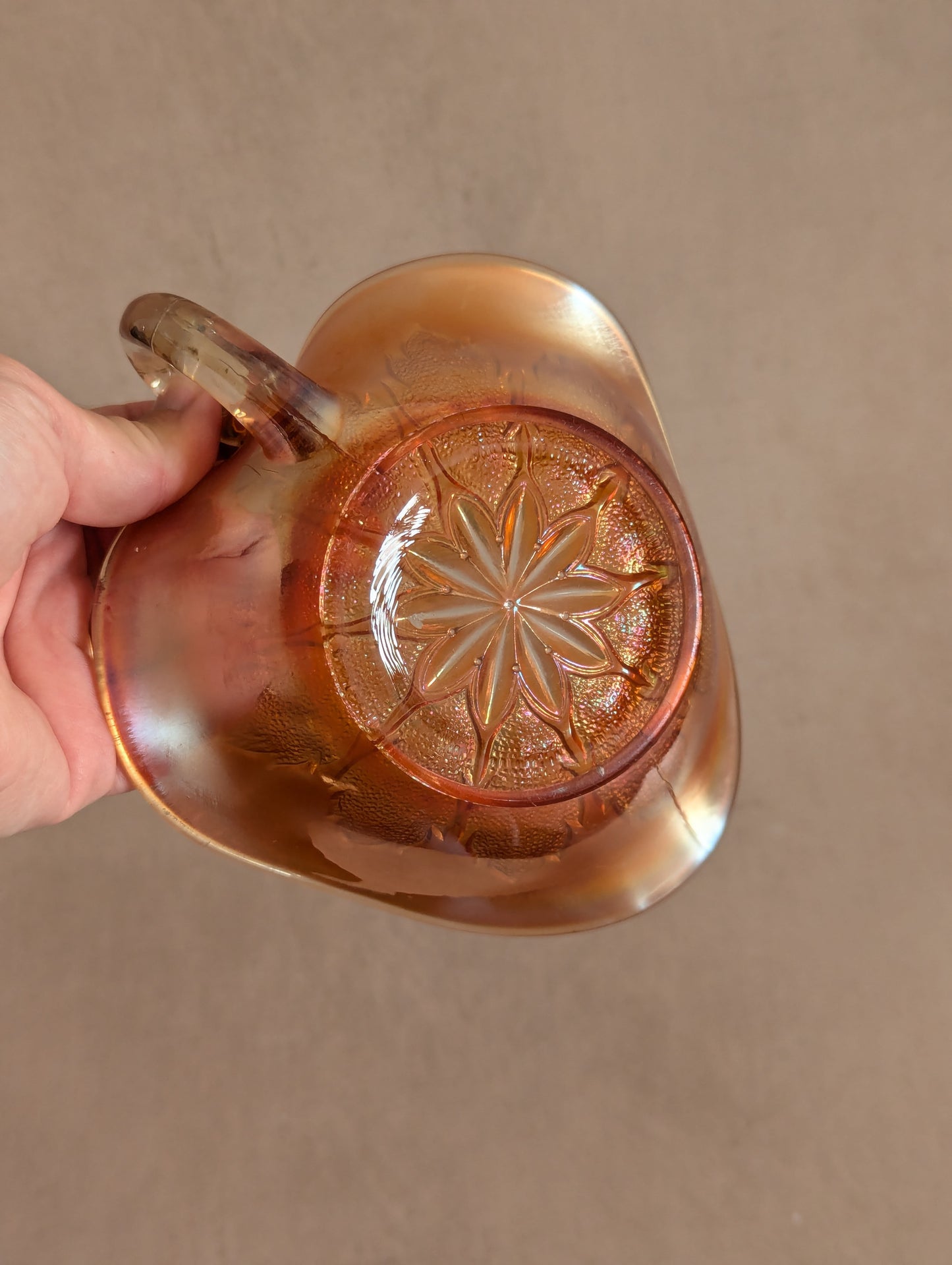 Dugan Marigold Carnival Glass Leaf Nappy Dish