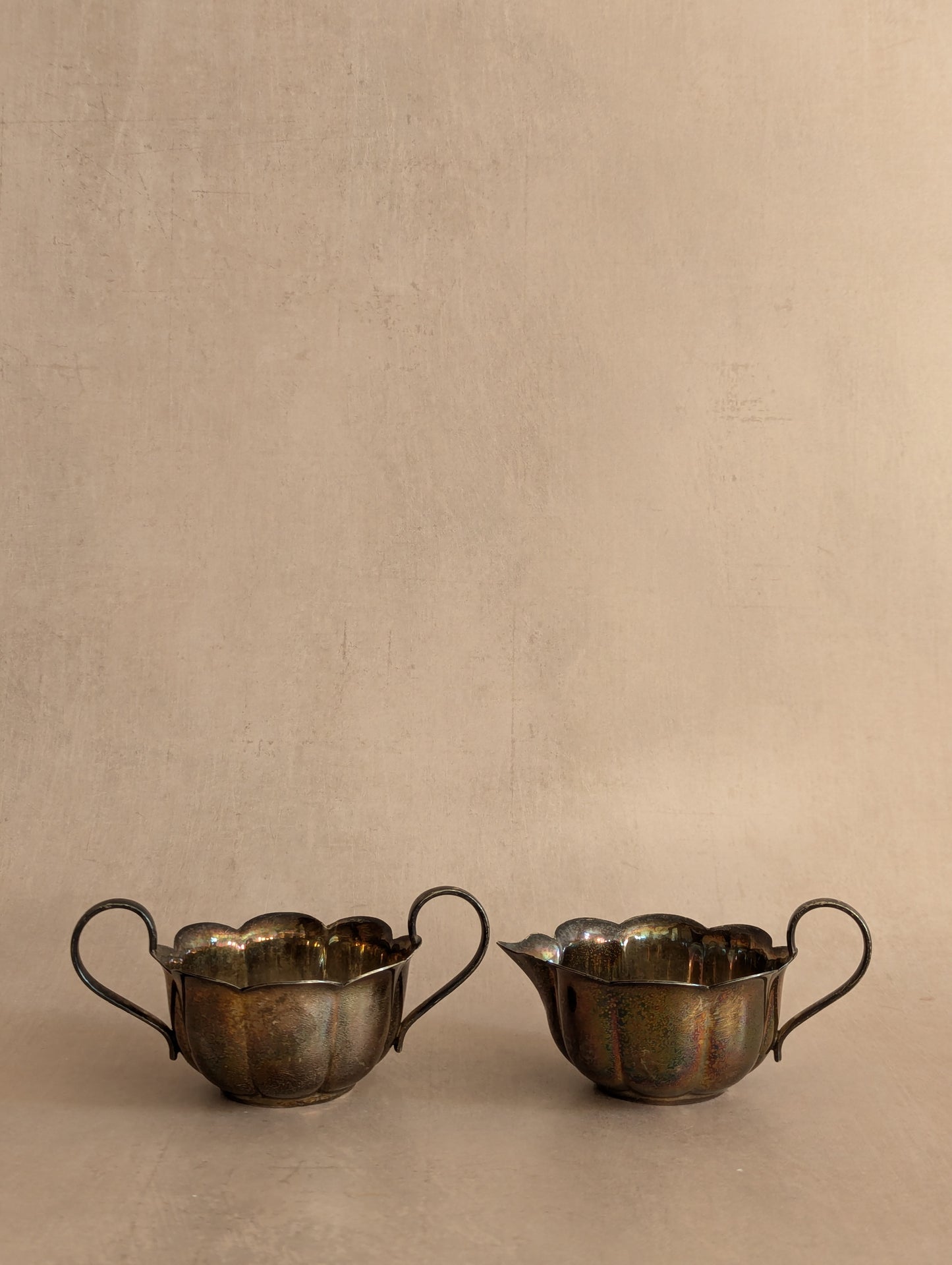 Dark Tarnished Silver Plated Scallop Sugar & Creamer Set