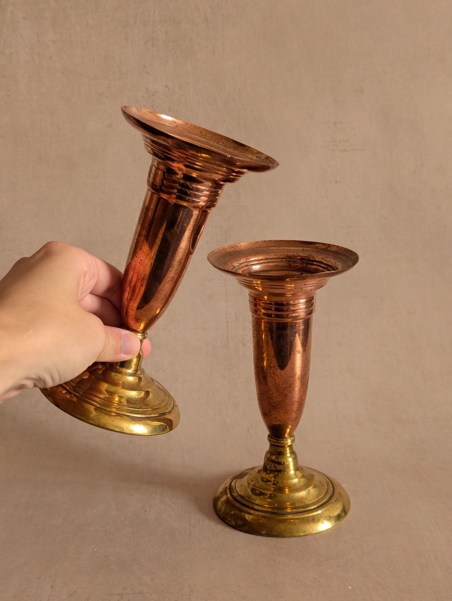 Copper & Brass Trumpet Vases, Set of Two