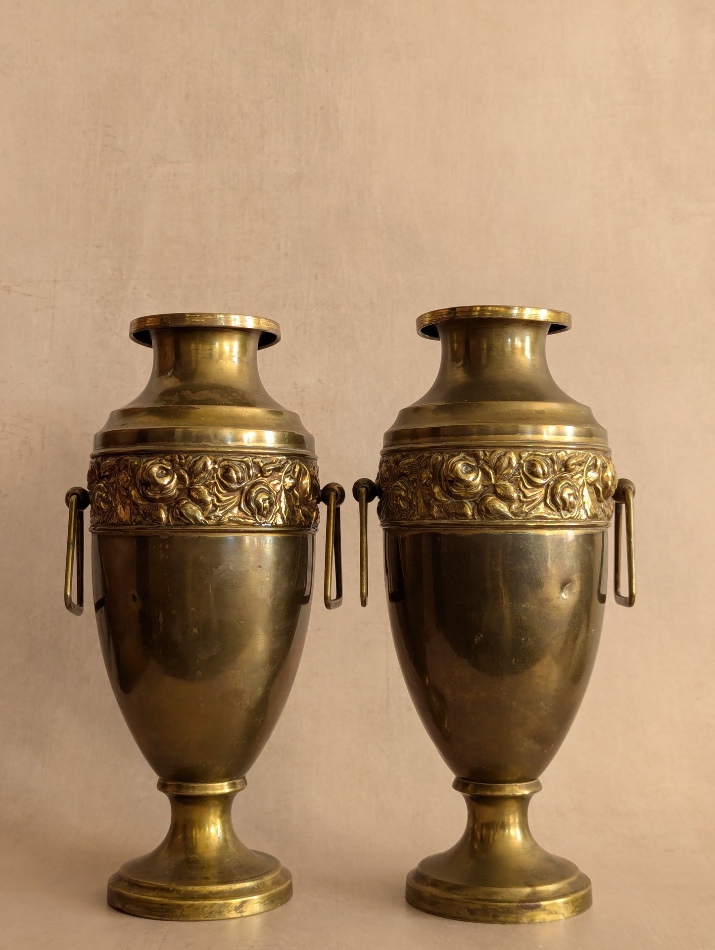 Art Deco Solid Brass Floral Urn Vases - Set of Two