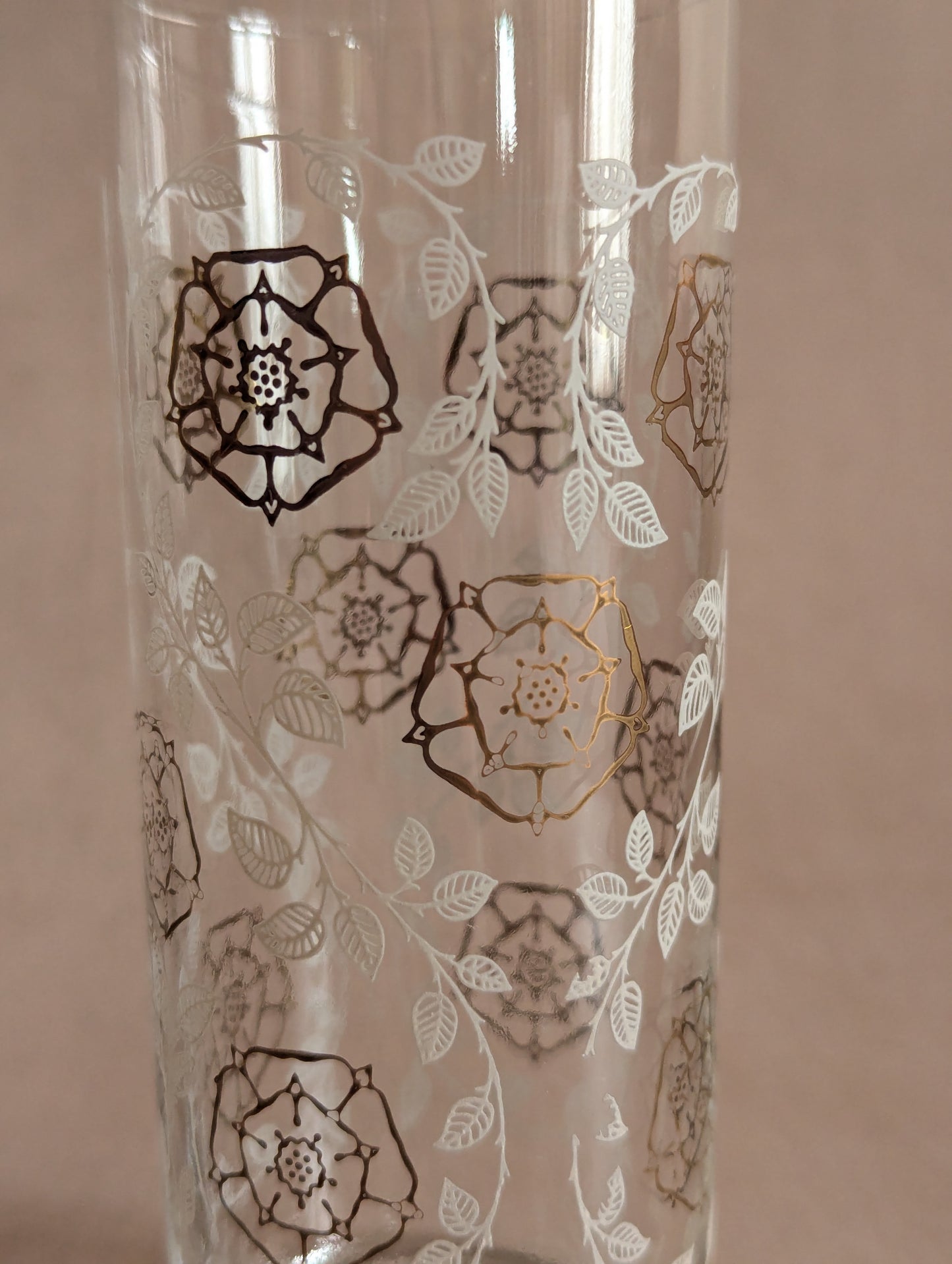 Gold & White Floral Mid-Century Glass Tumblers, Set of Three