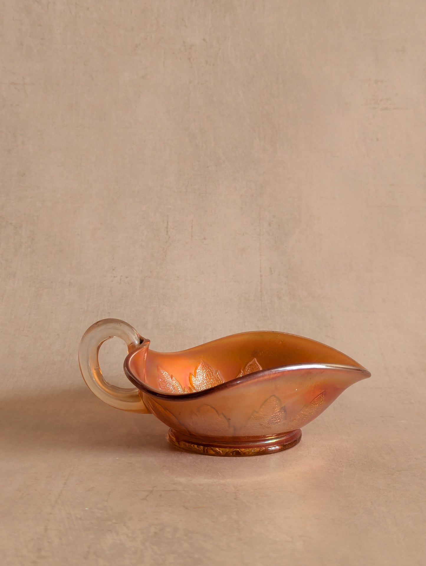 Dugan Marigold Carnival Glass Leaf Nappy Dish
