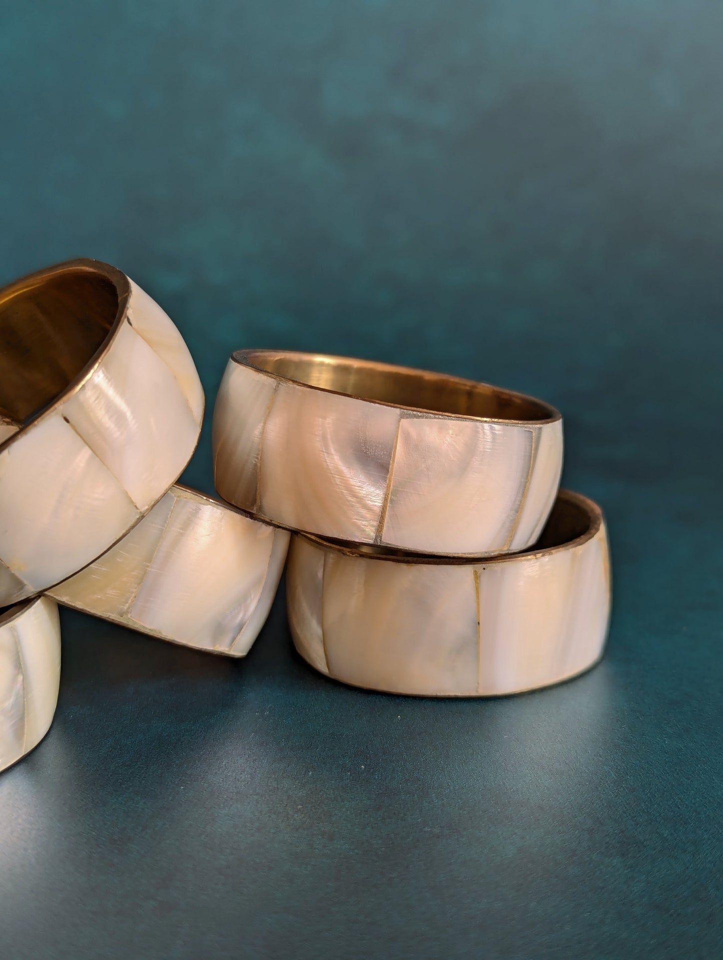 Solid Brass Mother Of Pearl Napkin Rings, Set of 6