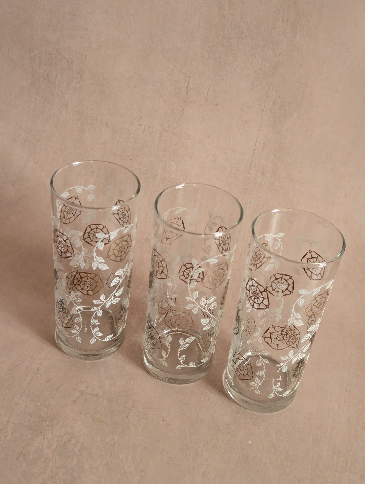 Gold & White Floral Mid-Century Glass Tumblers, Set of Three
