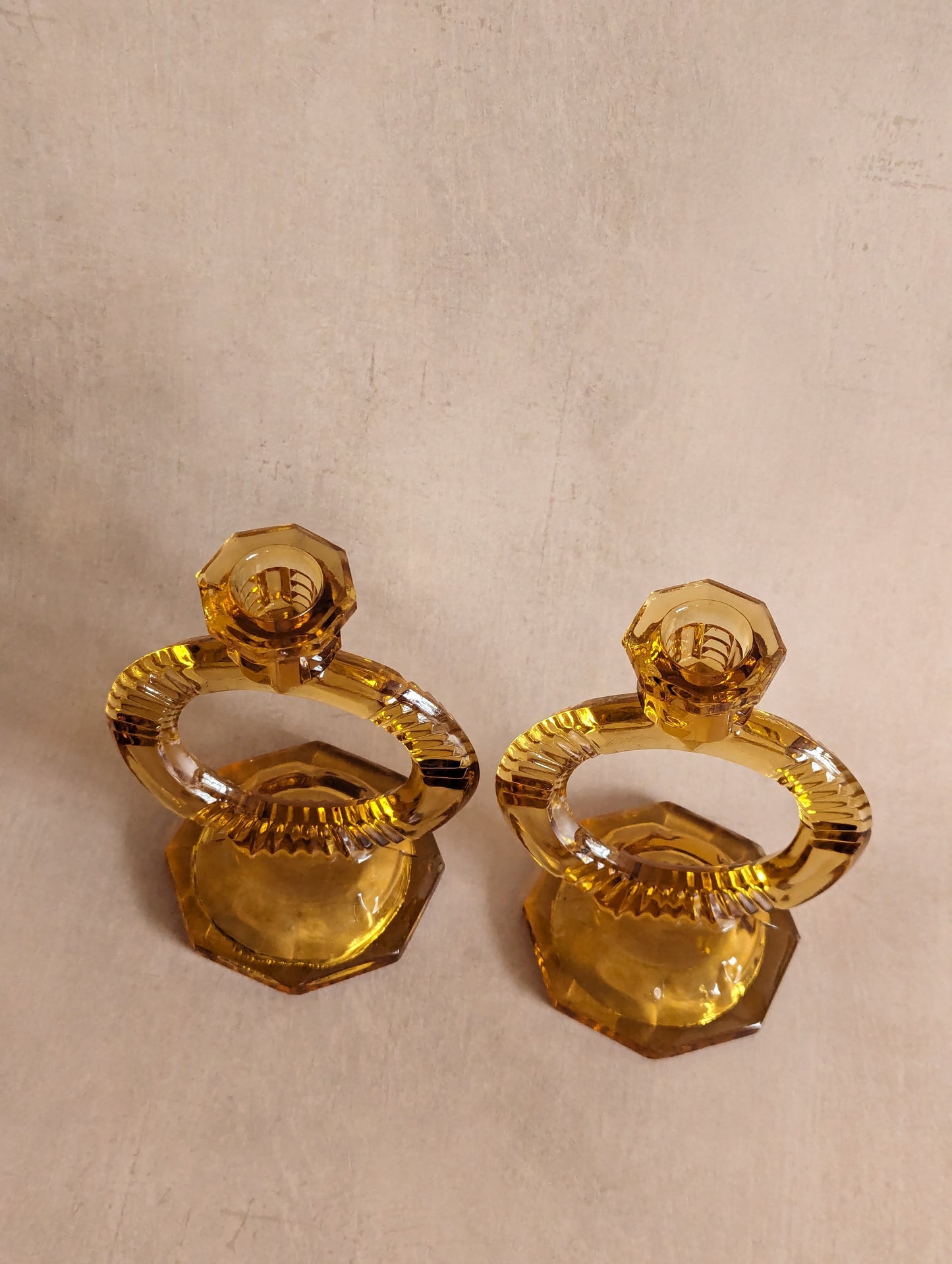 Stunning Art Deco Amber Glass Dressing Table Set & Candlesticks