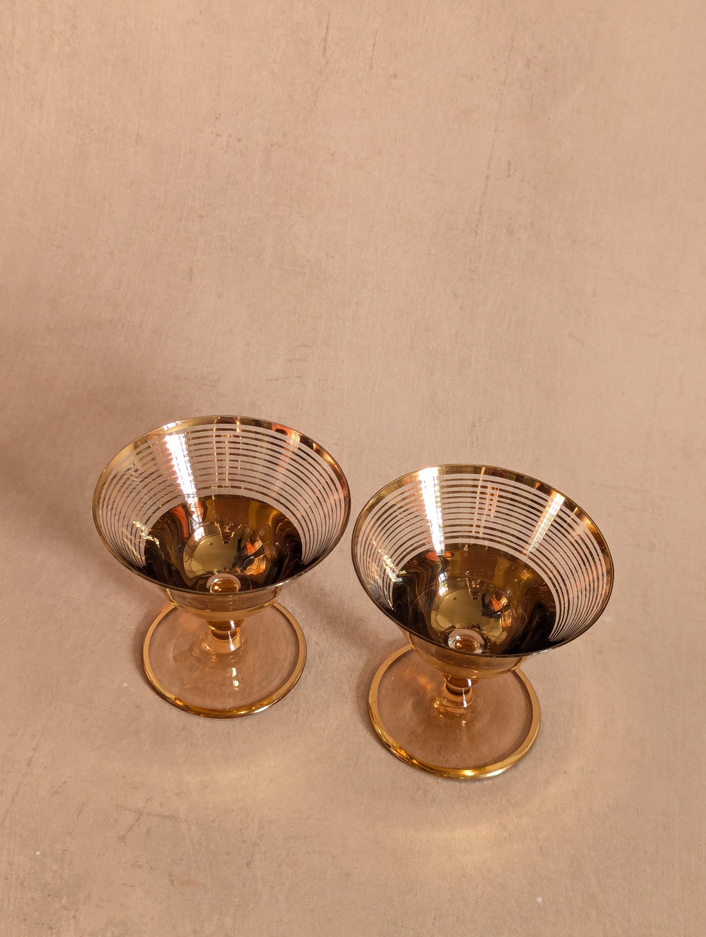 Mid-Century Golden Striped Mini Martini Glasses - Set of Two