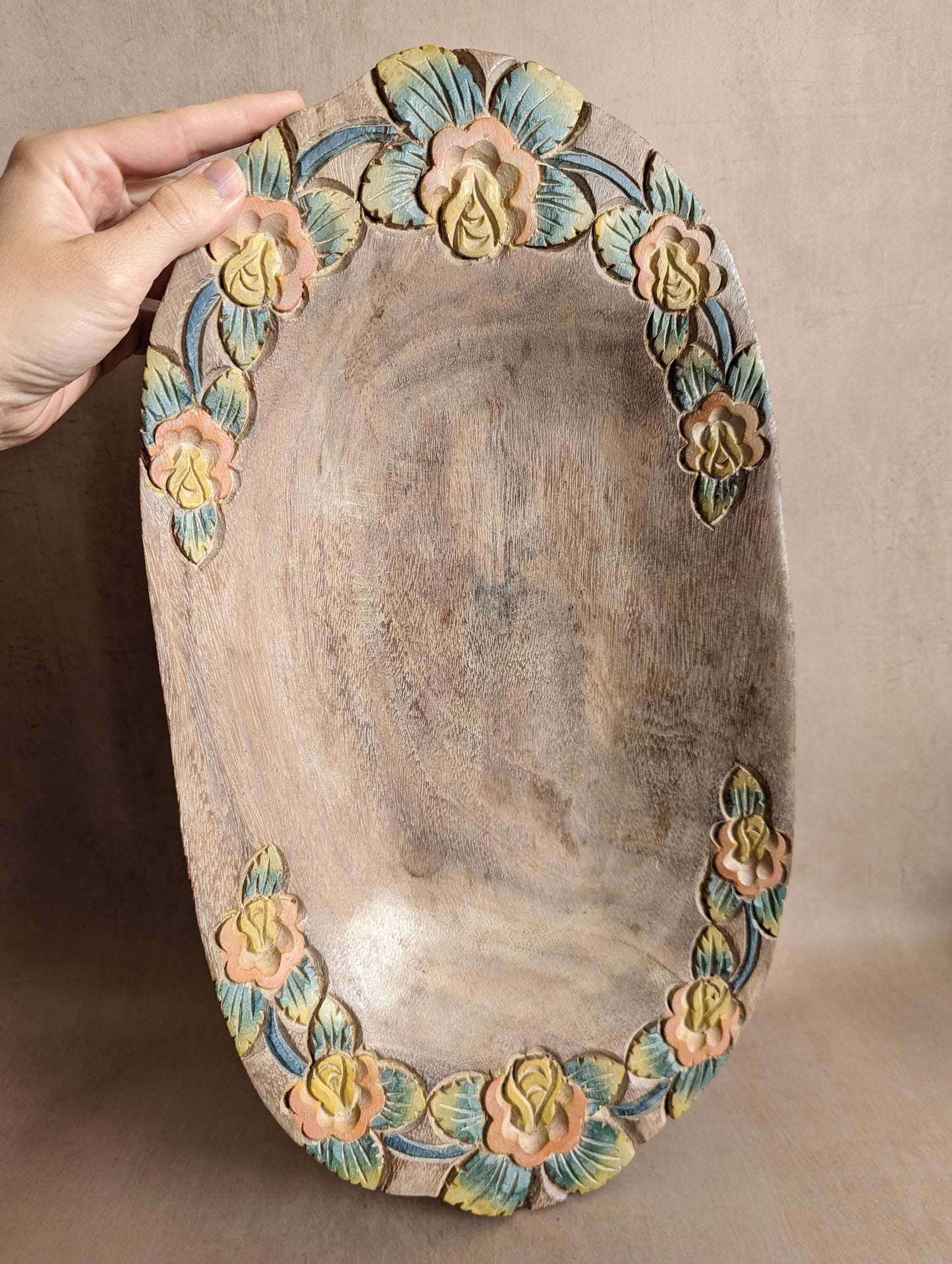 Large Floral Carved Wooden Centrepiece Bowl, Vintage c. 1970s-80s