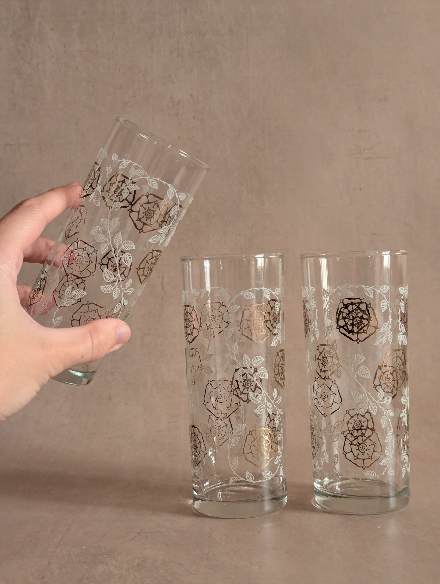 Gold & White Floral Mid-Century Glass Tumblers, Set of Three
