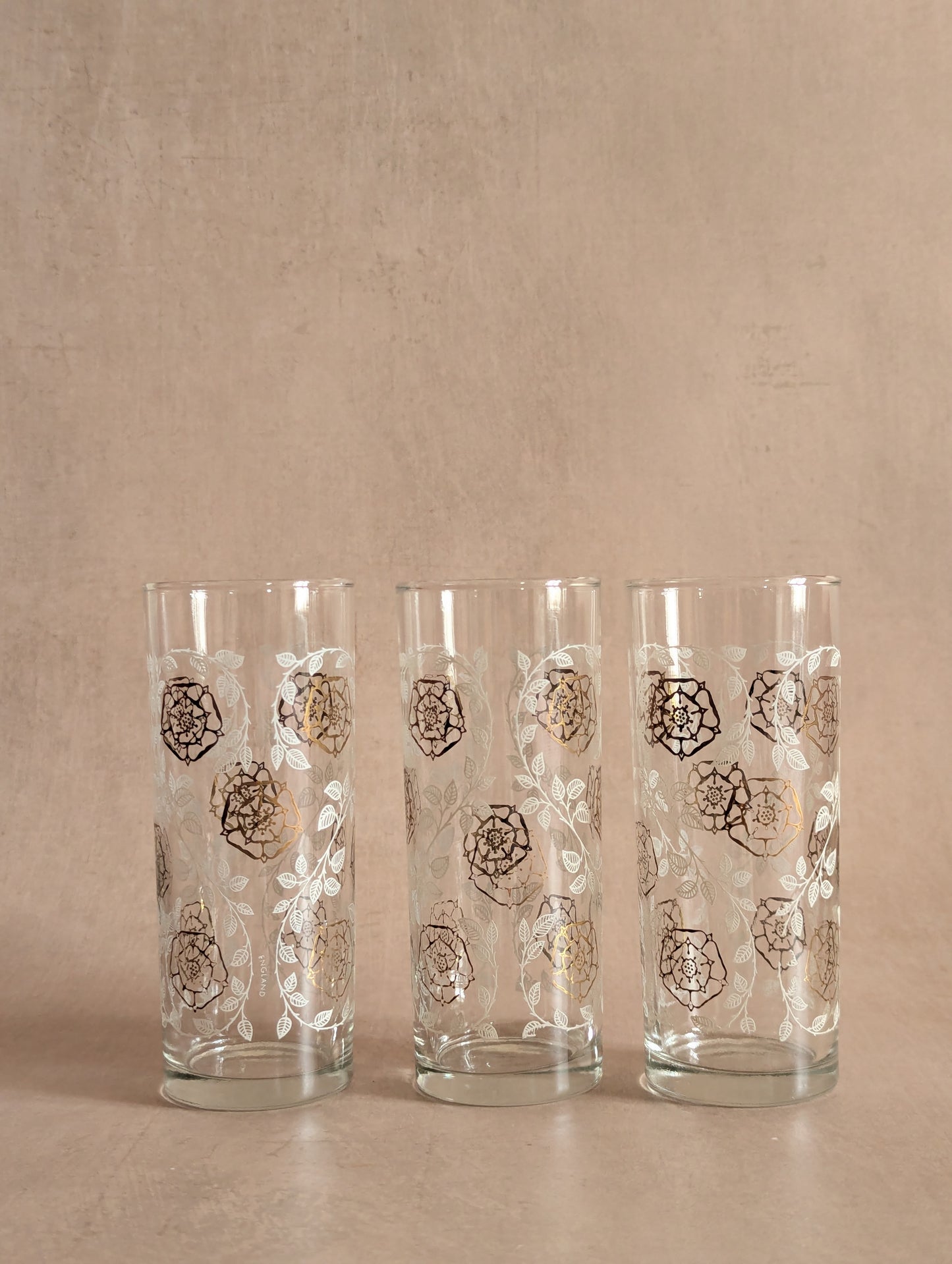 Gold & White Floral Mid-Century Glass Tumblers, Set of Three