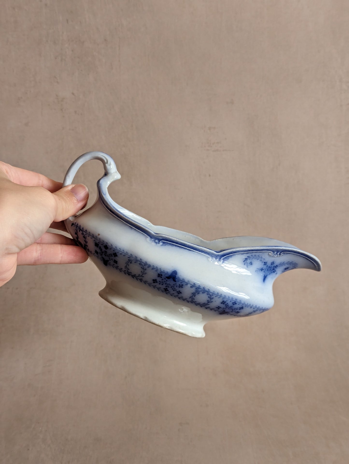 WH Grindley Flow Blue Gravy Boat, Antique Earthenware c. 1891-1914