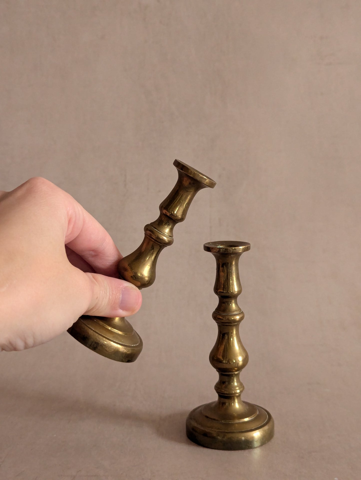 Small Classic Circle Base Brass Candlestick Holders, Set of Two