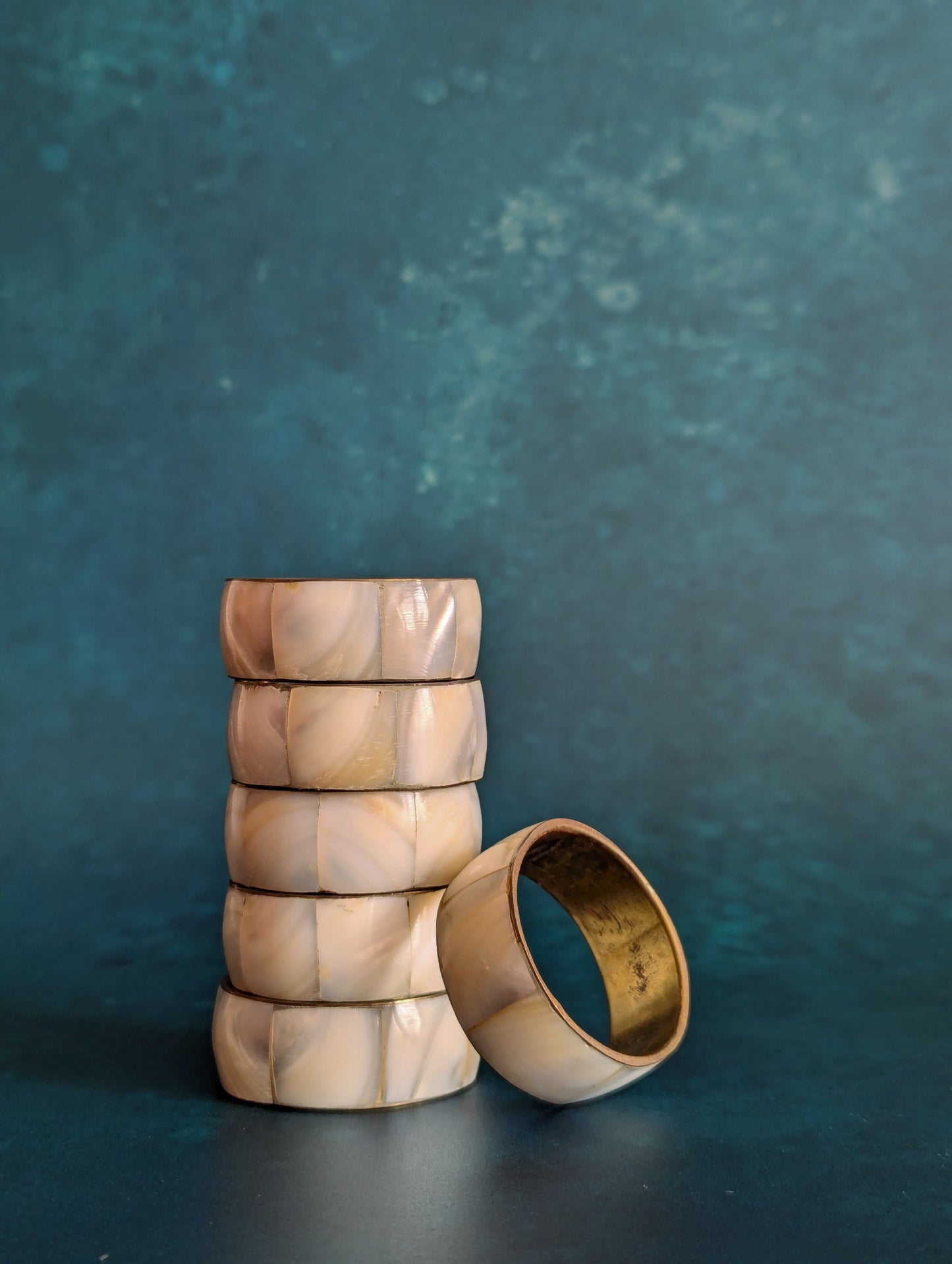 Solid Brass Mother Of Pearl Napkin Rings, Set of 6