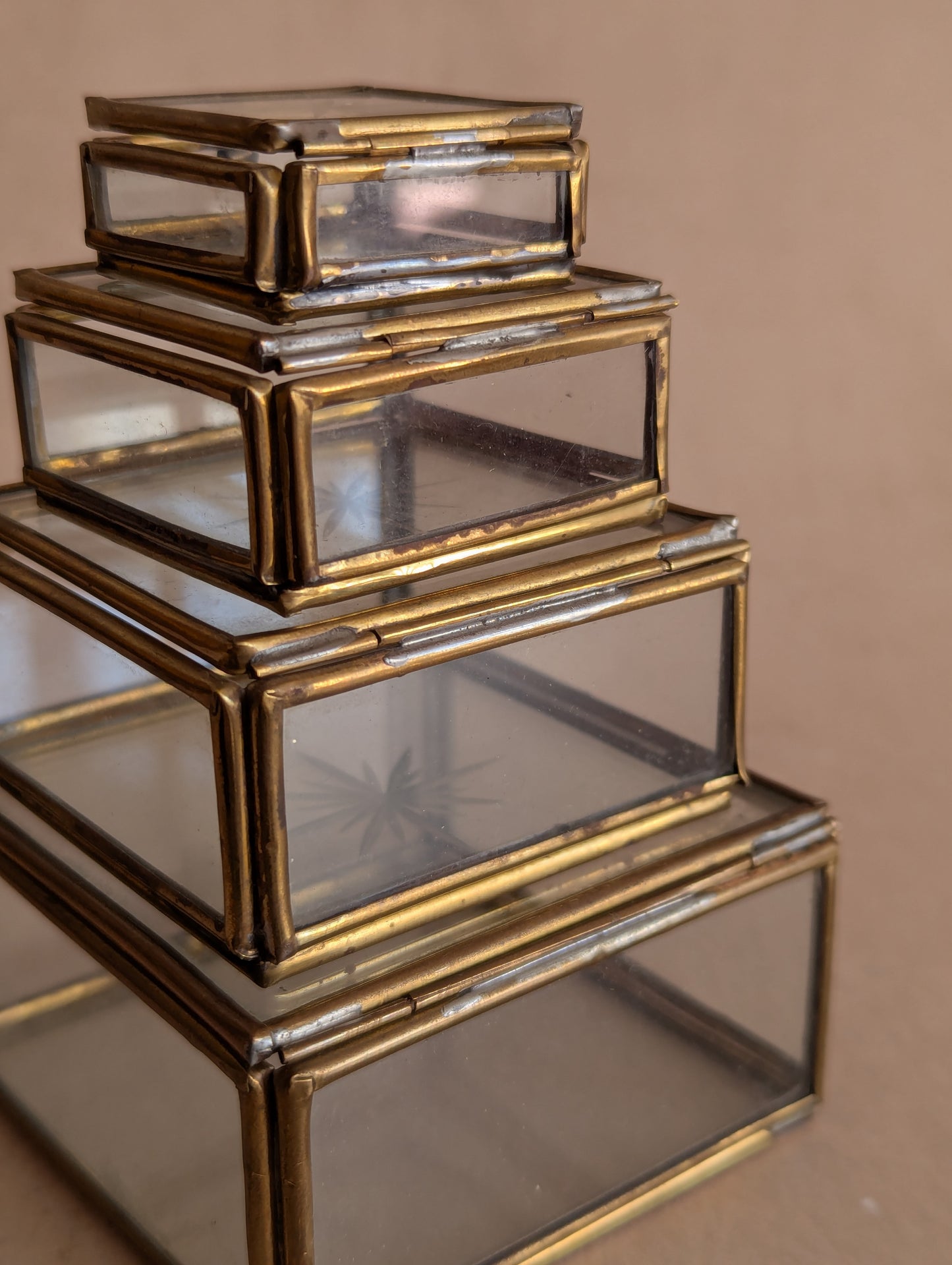 Glass & Brass Nesting Trinket Boxes, Set of Four