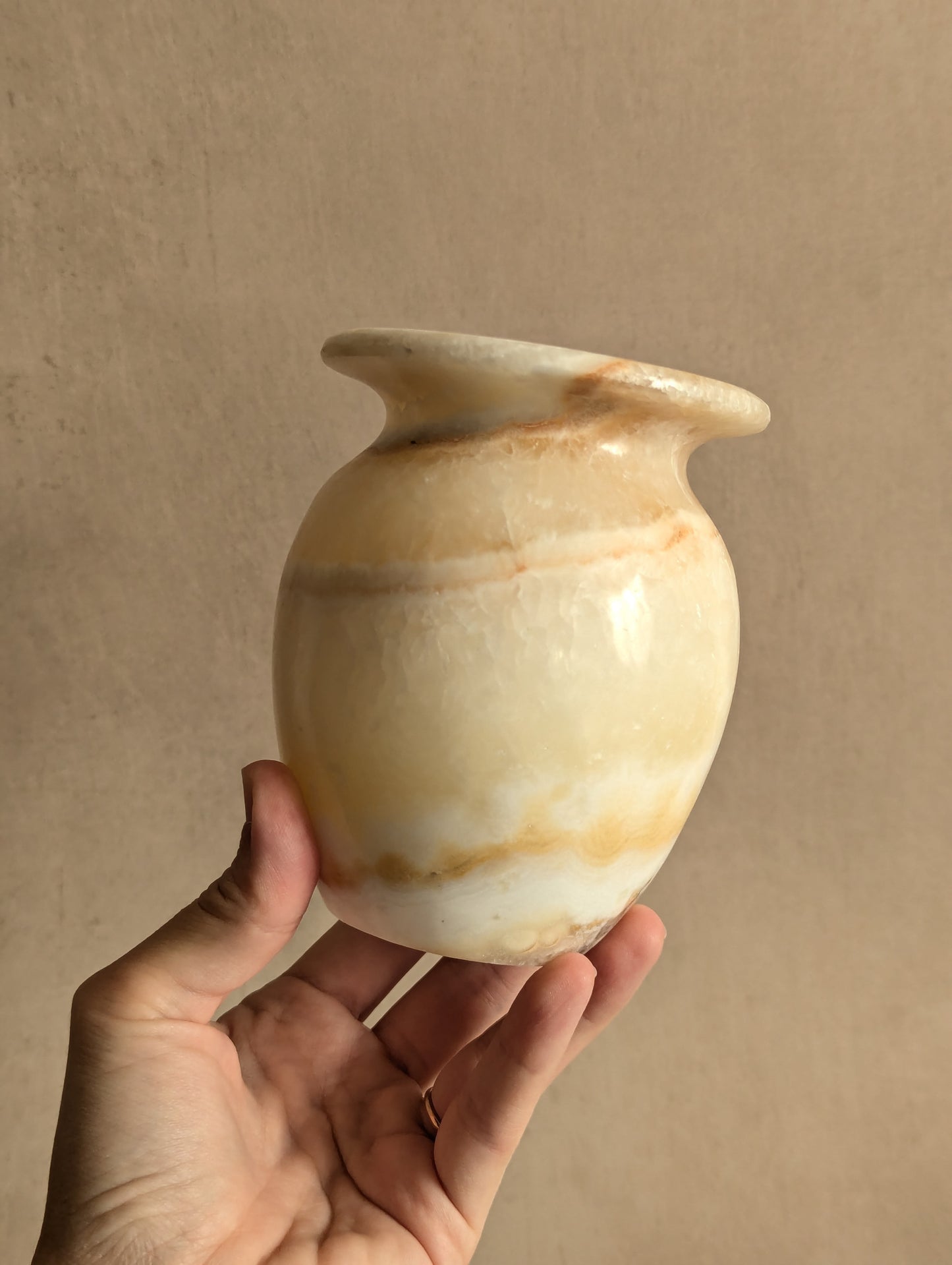 Sand Coloured Onyx Stone Urn Vase, Vintage Mid-Century