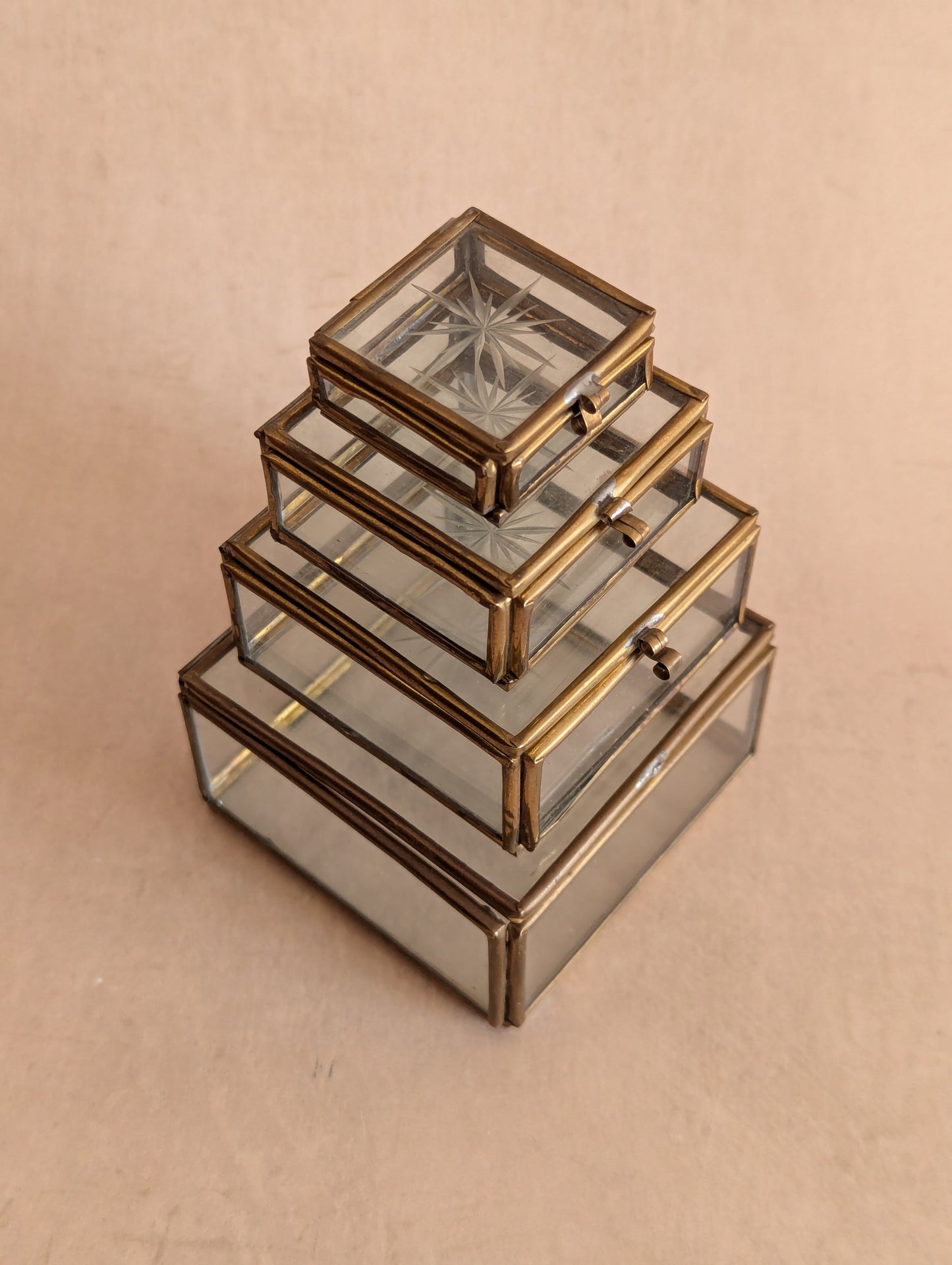 Glass & Brass Nesting Trinket Boxes, Set of Four