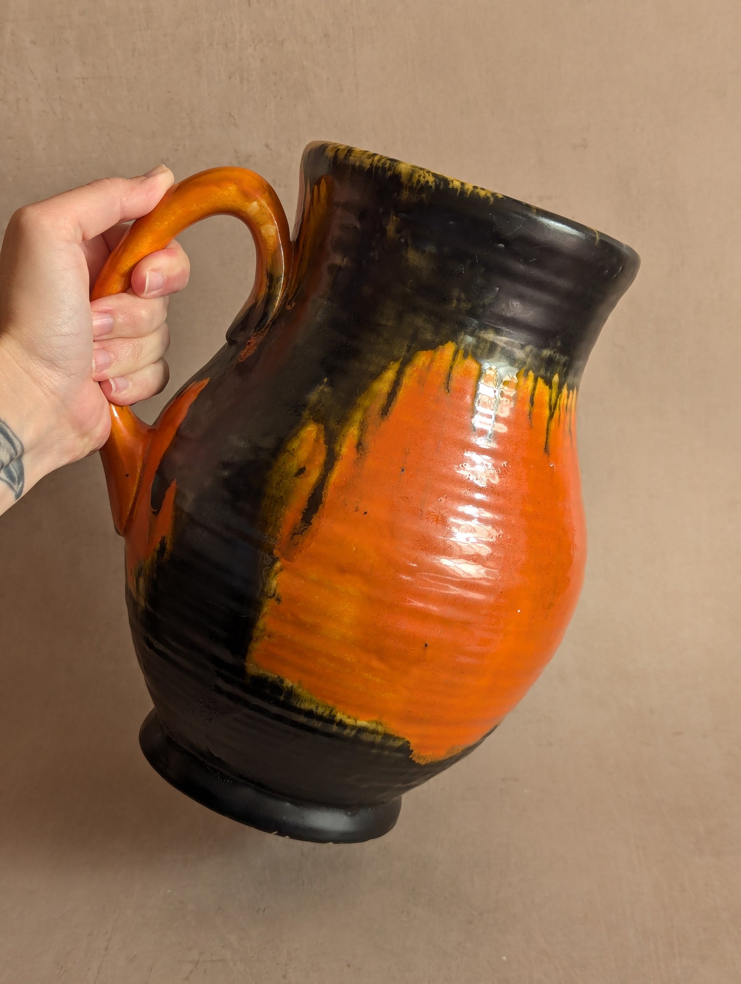 Crown Ducal Large Orange & Black Drip Glaze Jug