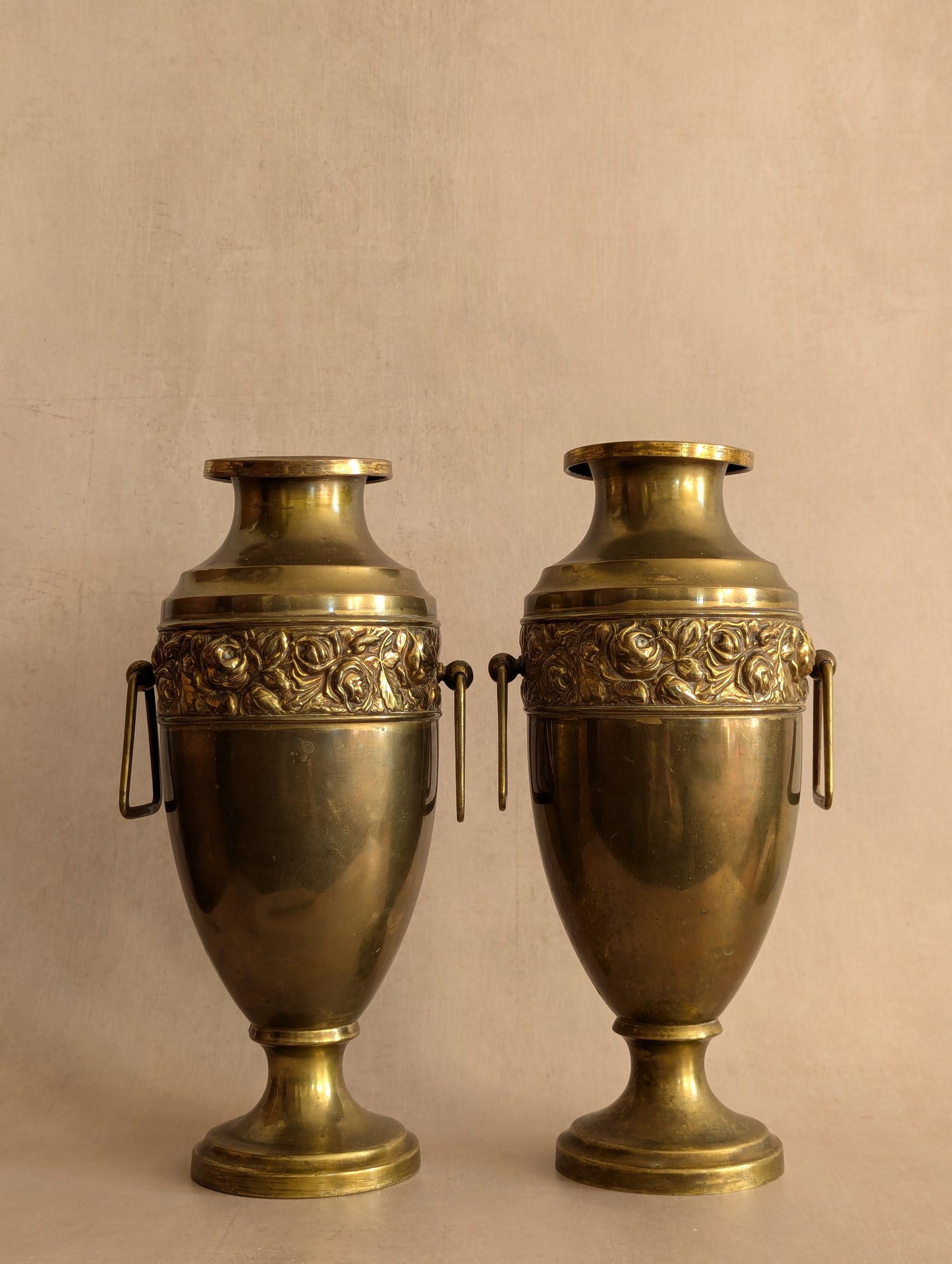 Art Deco Solid Brass Floral Urn Vases - Set of Two