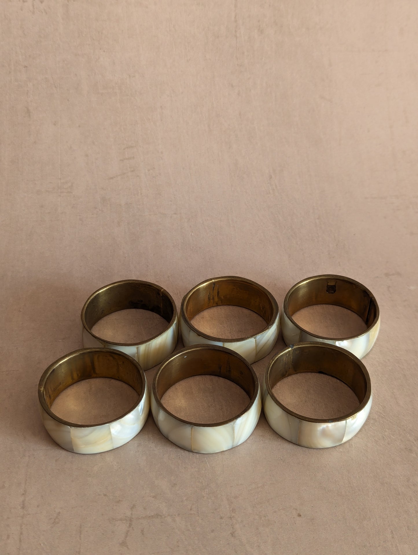 Solid Brass Mother Of Pearl Napkin Rings, Set of 6