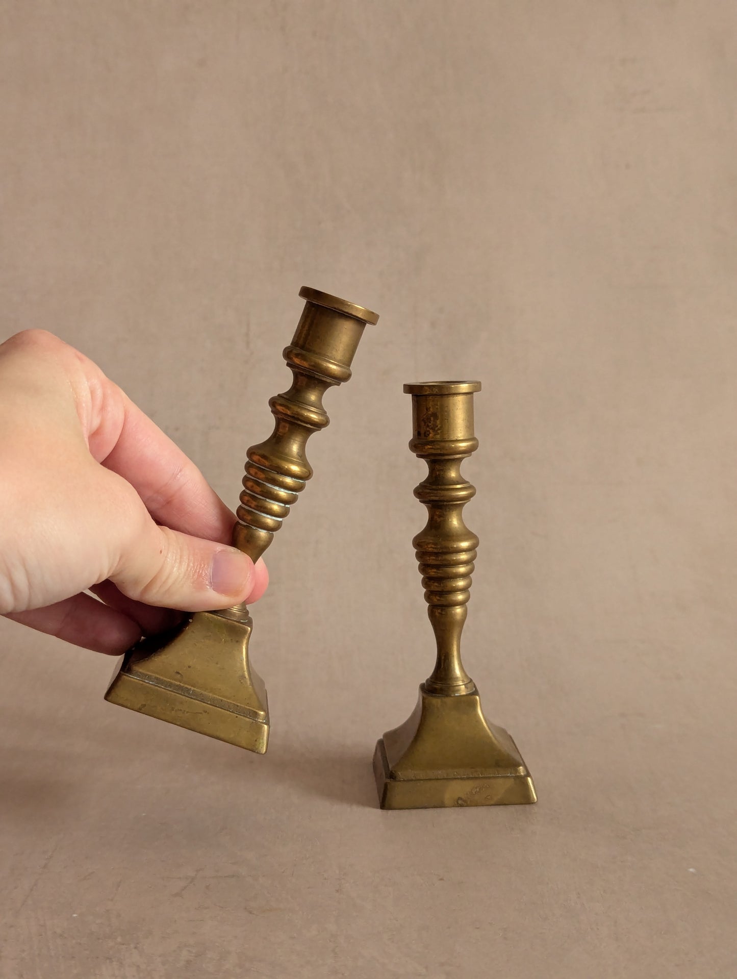 Small Brass Ribbed Victorian Candlesticks, Set of Two