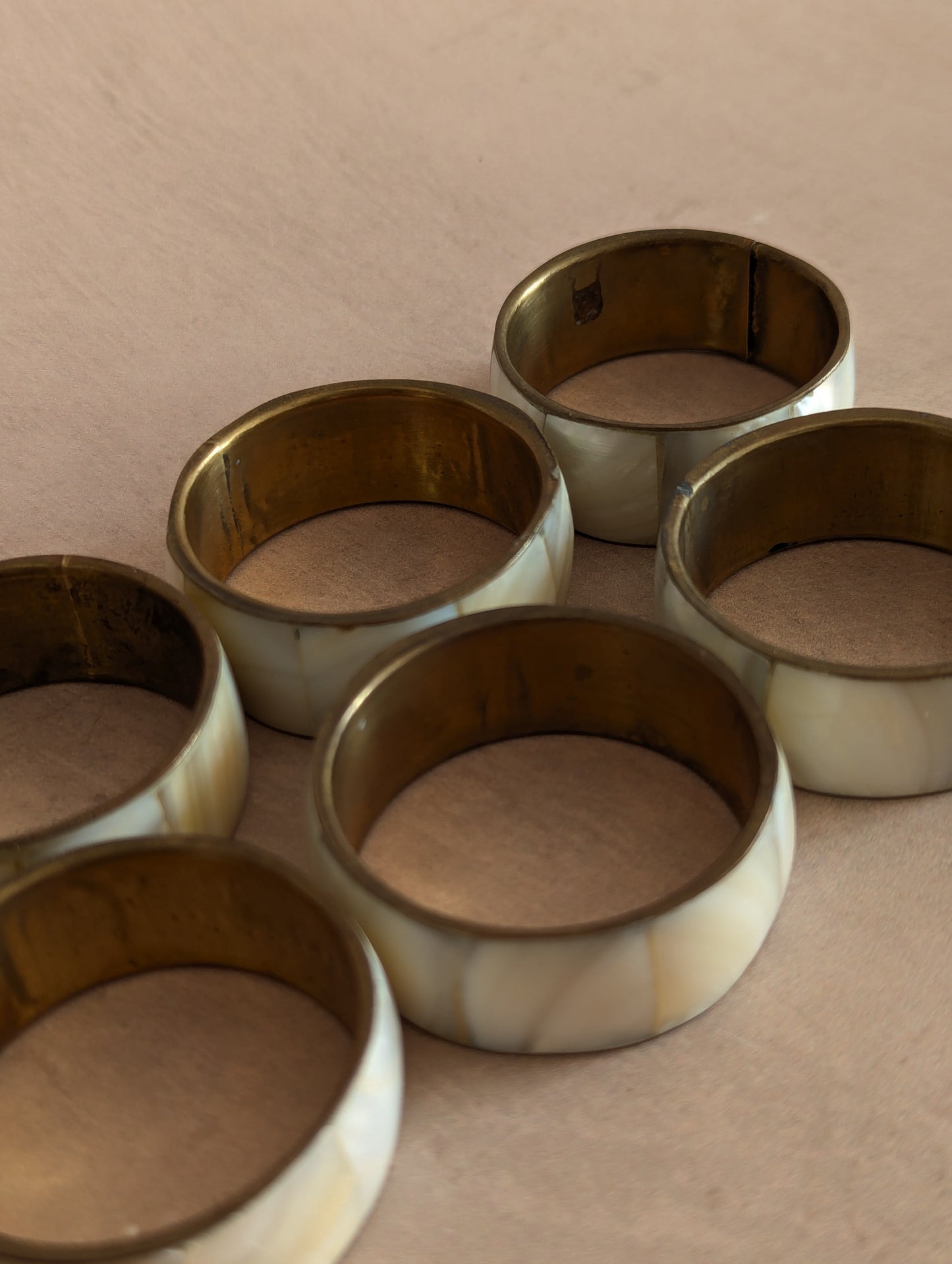 Solid Brass Mother Of Pearl Napkin Rings, Set of 6