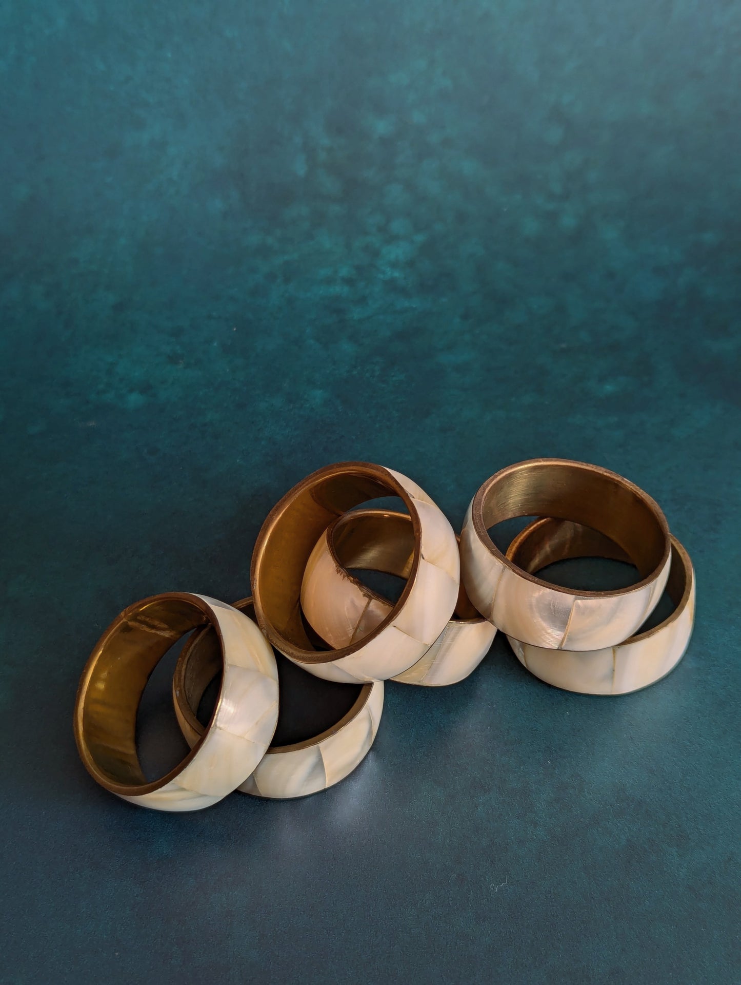 Solid Brass Mother Of Pearl Napkin Rings, Set of 6