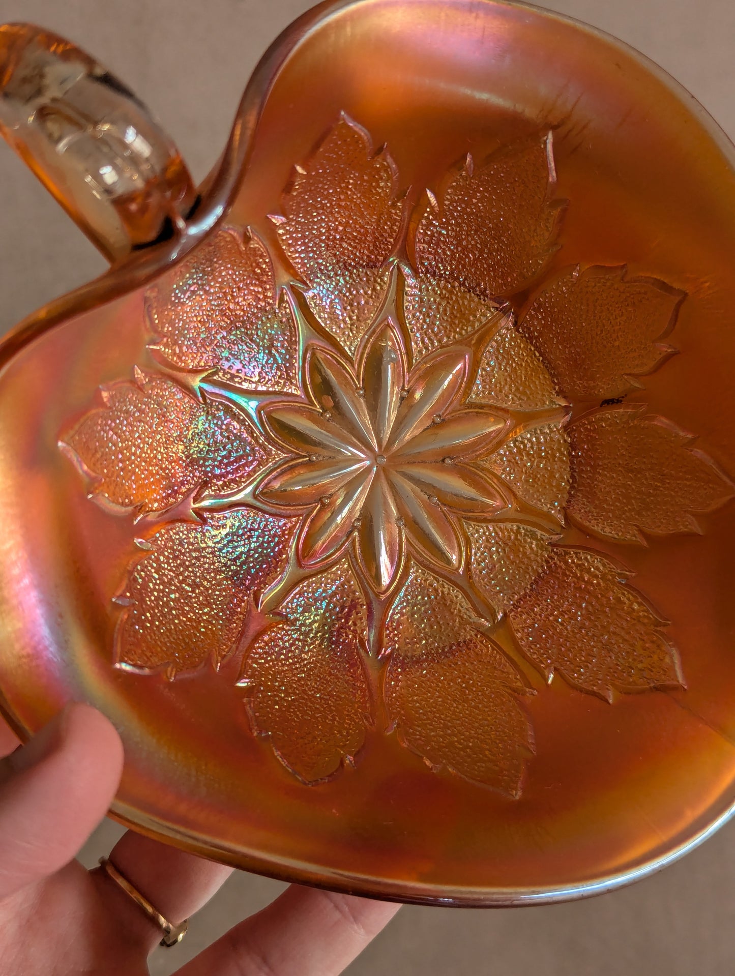 Dugan Marigold Carnival Glass Leaf Nappy Dish
