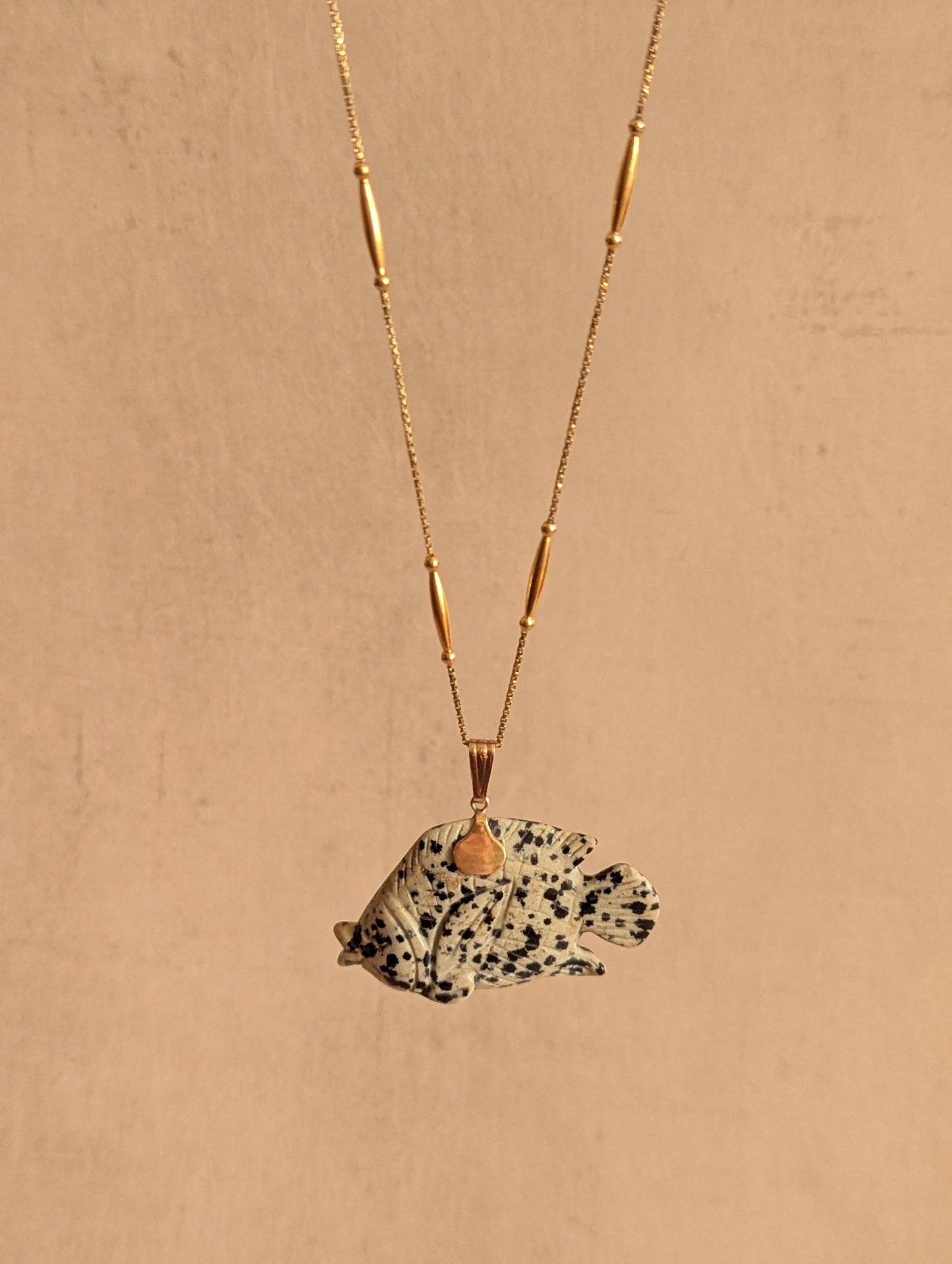 Dalmatian Jasper Carved Fish Gold Pendant Necklace