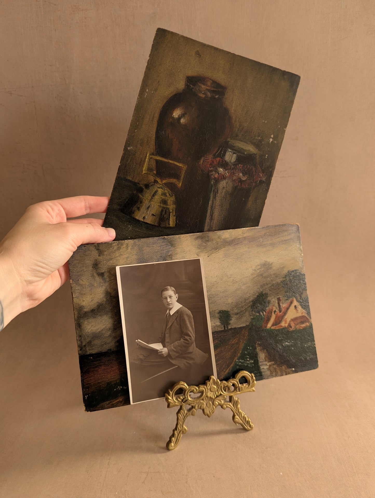 Antique Set of Oil On Board Paintings w/Artist's Photo, c. 1915