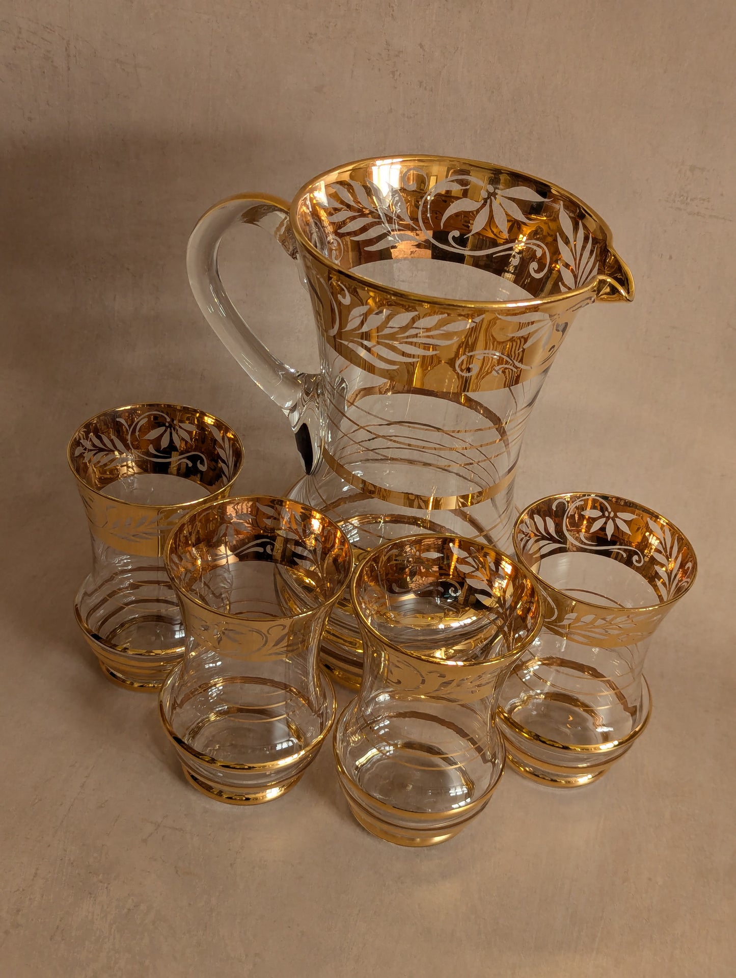 Golden Gilt Mid-Century Jug & Glasses, Set of 5