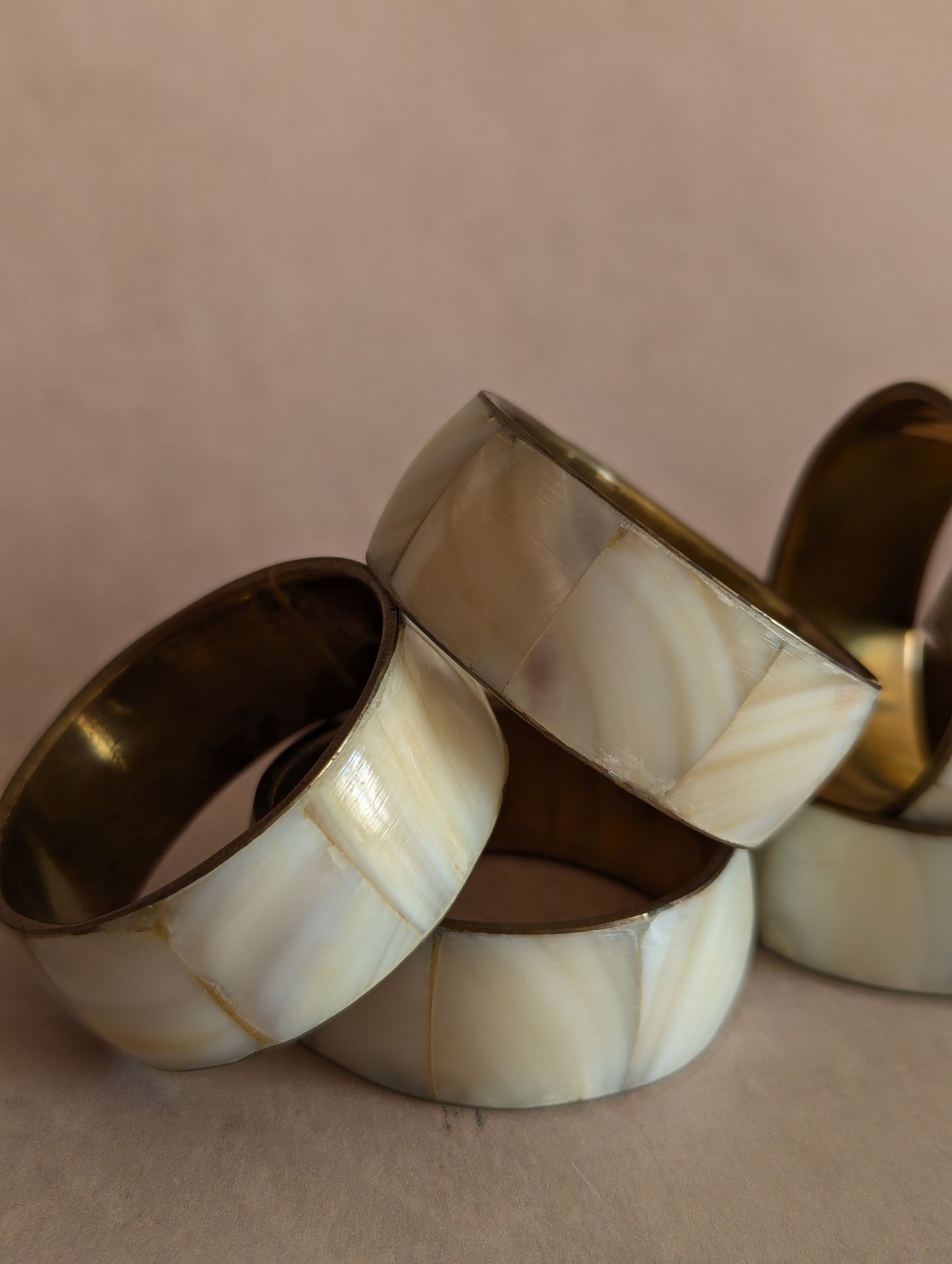 Solid Brass Mother Of Pearl Napkin Rings, Set of 6