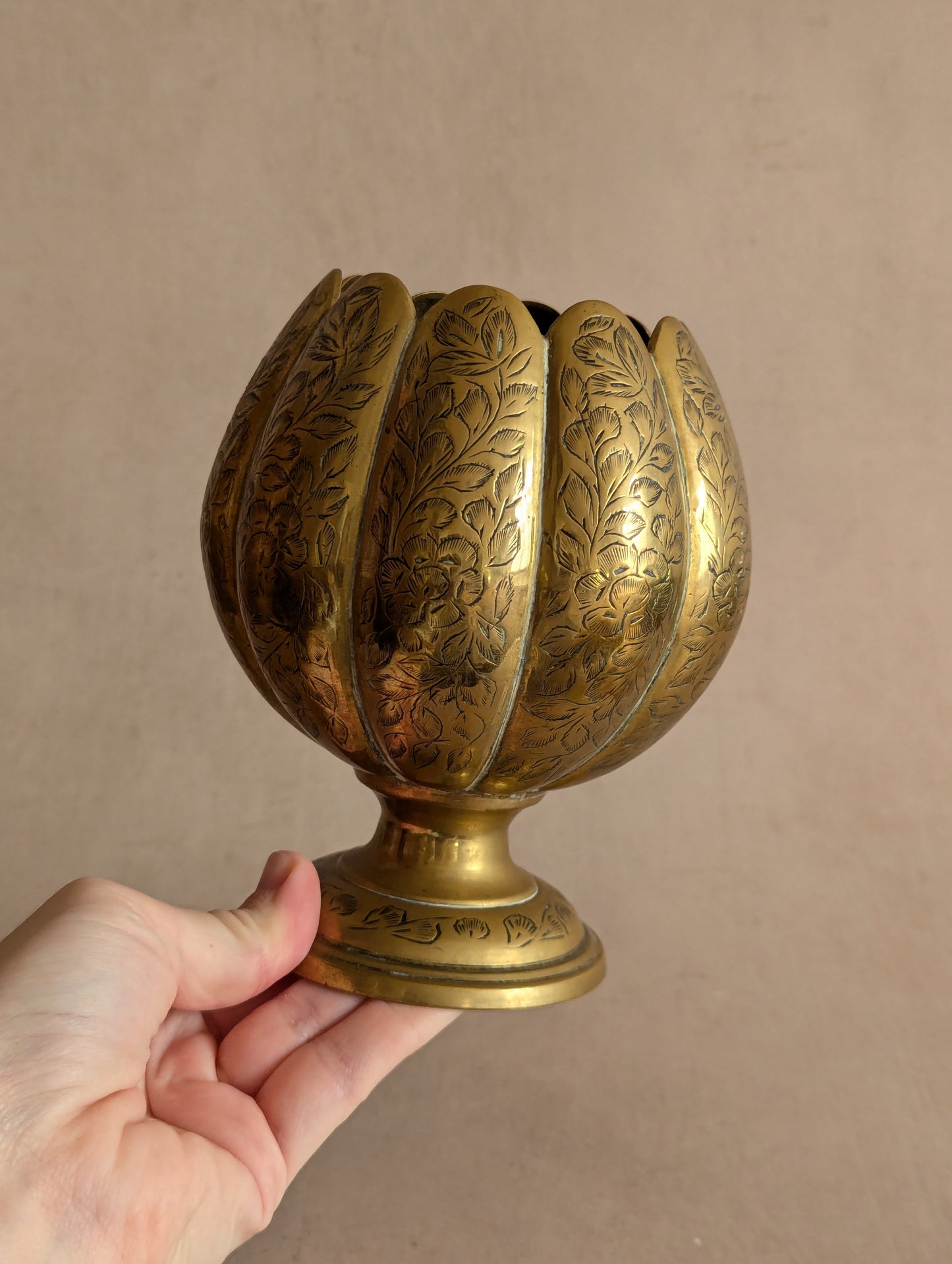 Etched Brass Lotus Scalloped Pedestal Vase